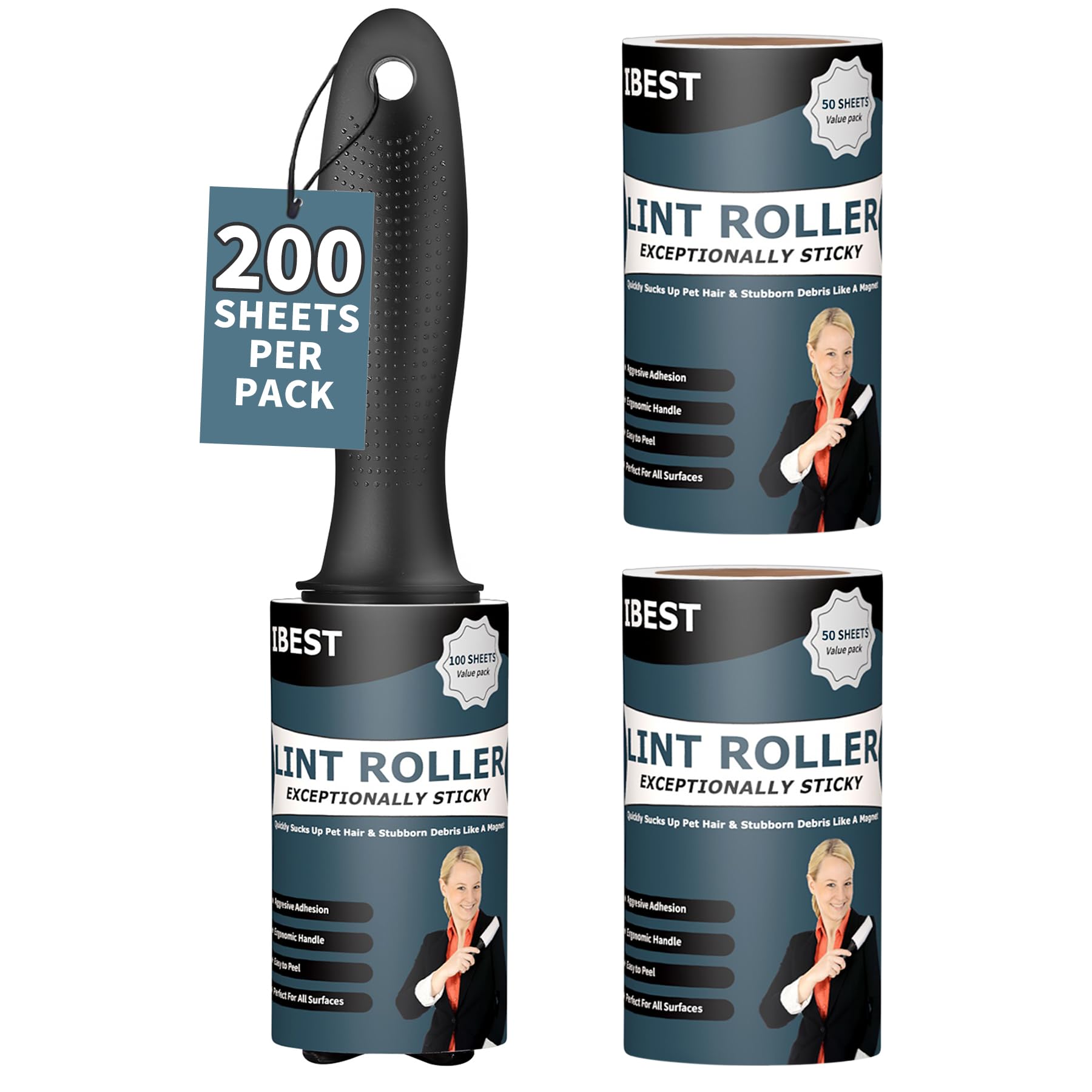 International Brands Excess Stock Trading U.k. I Best U.k Black Ibest Uk Lint Rollers For Pet Hair, Clothes, Carpet | Sticky Flint Fluff Dust Lint Remover | Pack Of 3 Reusable Refills (200 Sheets)