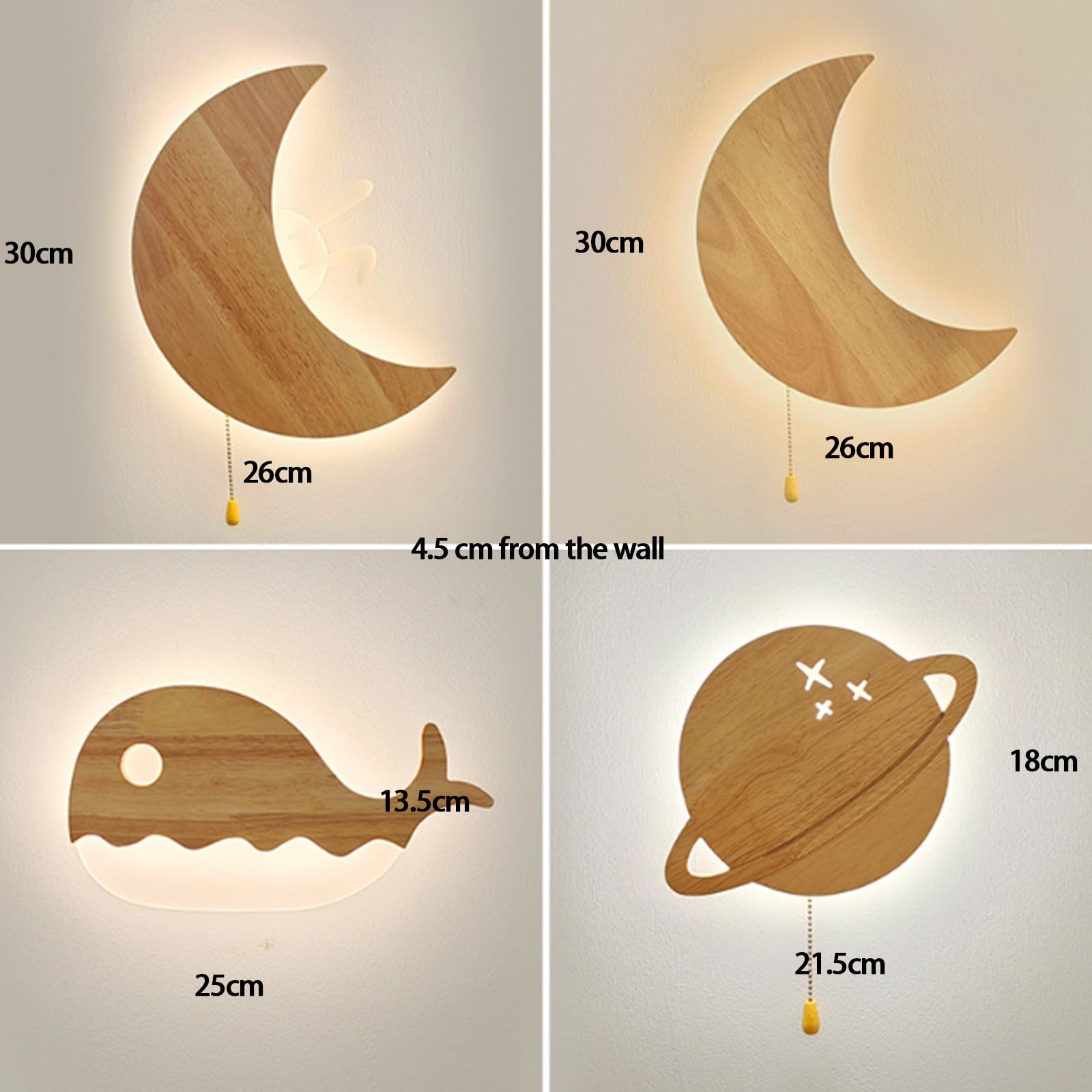 LED Habitación Infantil Aplique de Pared con Interruptor de Cadena Luz de Pared 3000K/4000K/6000K Regulable Lámpara de Pared Madera Maciza/Acrílico para Dormitorio (D)