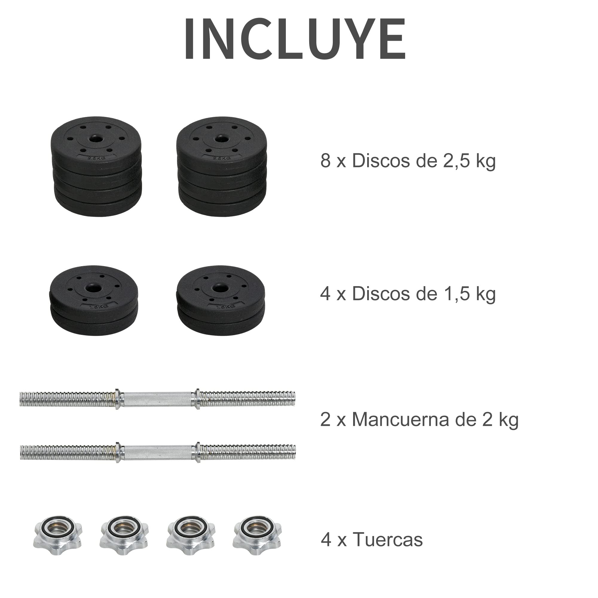 HOMCOM Conjunto de Mancuernas Ajustables 20kg a 30 kg Juego de Pesas con Discos de 2,5kg a 1,5kg y Barras de Conexión de 2 kg Kit de Entrenamiento para Gimnasio en Casa