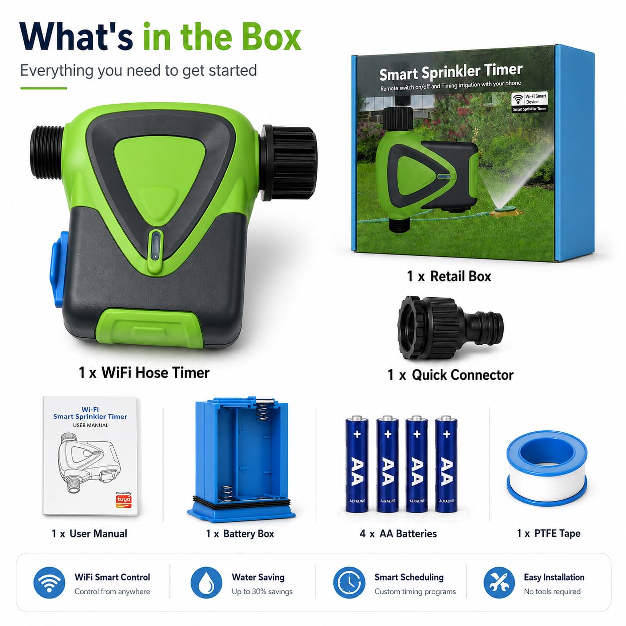 Temporizador de Riego WiFi sin Hub, Programador de Riego Inteligente con Control por App 2,4 GHz, Riego Automático, Cuenta Atrás, Programación, IP65 para Jardín Césped Invernadero