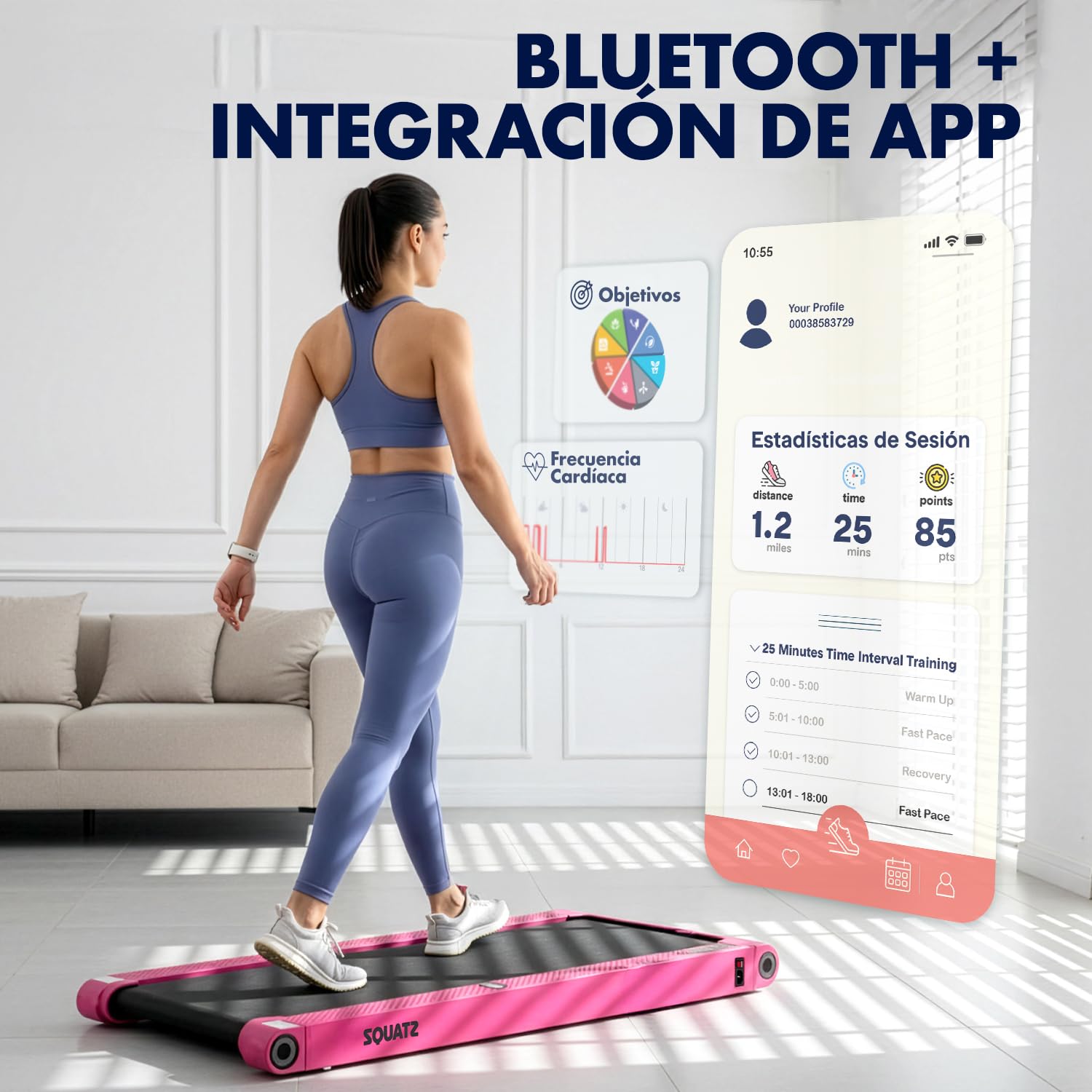 Squatz Cinta de Andar y Correr, Caminadora 2 en 1, Pad de Caminata y Barra de Sujecion con Placas de Vibracion, Pantalla LED, Soporte para Dispositivo, Mando a distancia, Fitness en Casa u Oficina