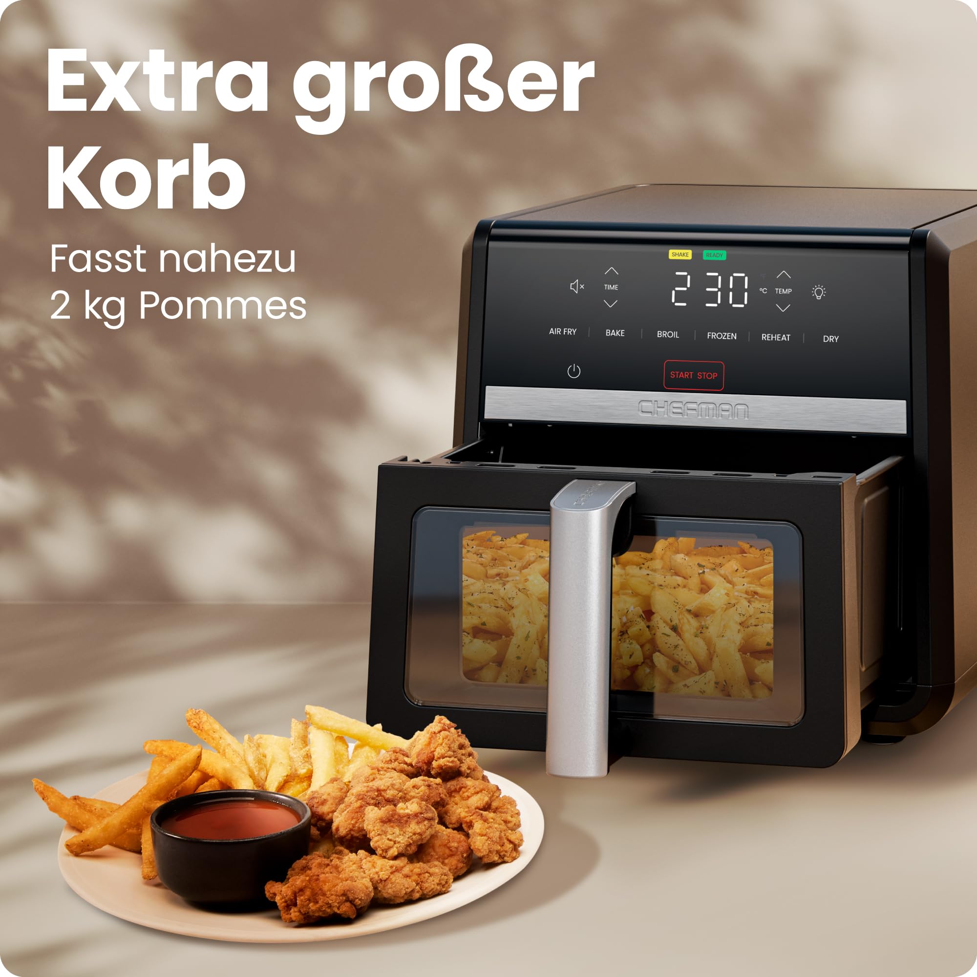 Chefman TurboFry 6-in-1 Heißluftfritteuse 8,5L, 230 °C, XL-Korb | Sichtfenster, Heißluftfrittieren, Backen, Grillen, Aufwärmen, Dörren, Auftauen, Schwarz