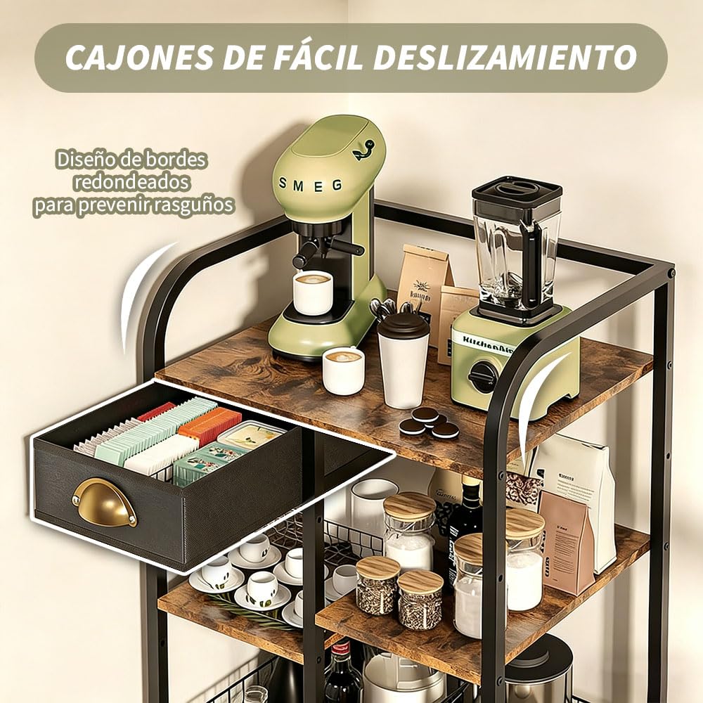 Carrito de Café con Cajón de Almacenamiento, 4 Niveles Ajustables | Barra de Café Móvil con Ruedas, Mesa Auxiliar de , Estación de Café Rústica de Madera Para Cocina, Entrada, Salón o Comedor