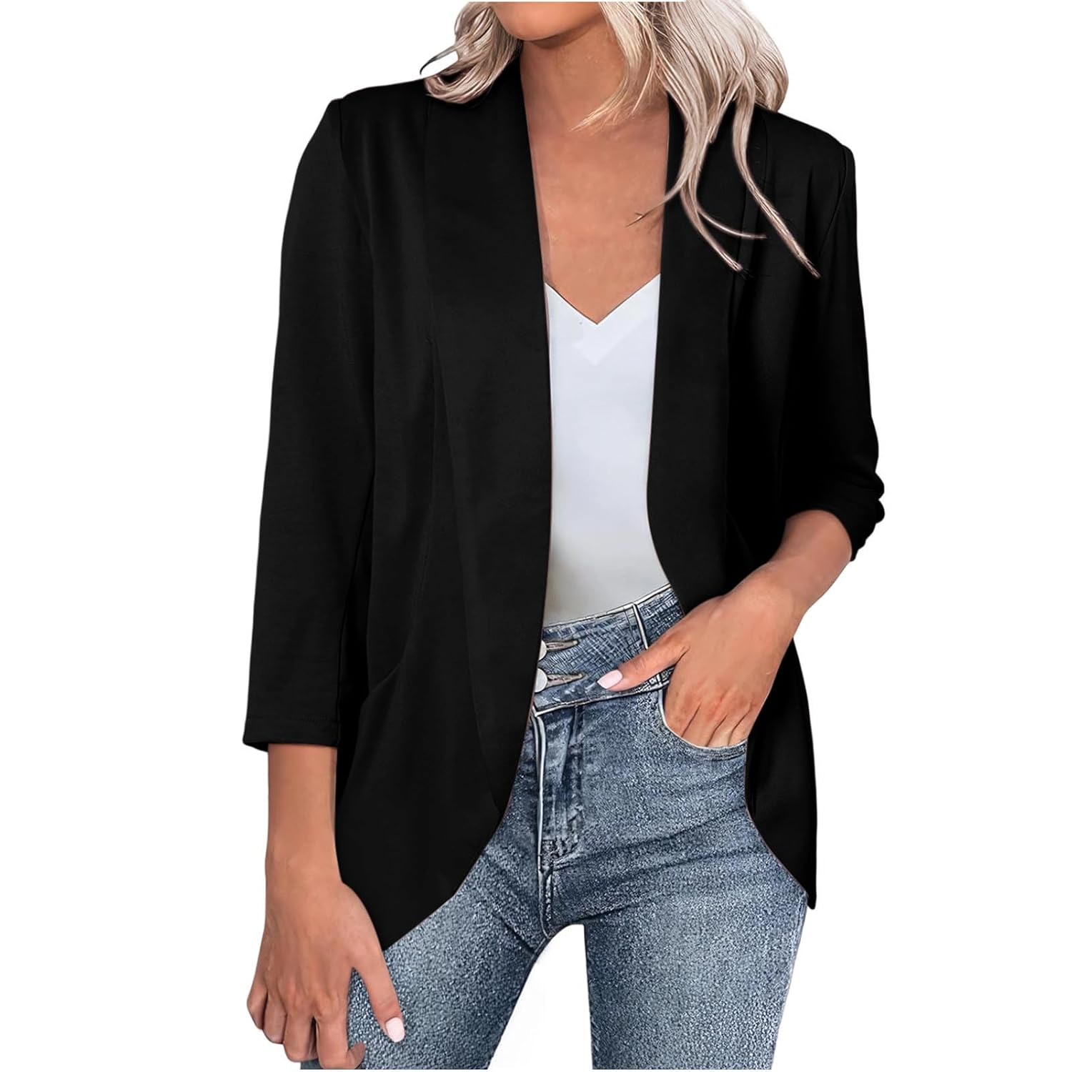 Womens 3 4 Length Sleeve Blazers Lightweight Casual Dressy Shawl Neck Open Front Cardigan Jacket Office Work Suits