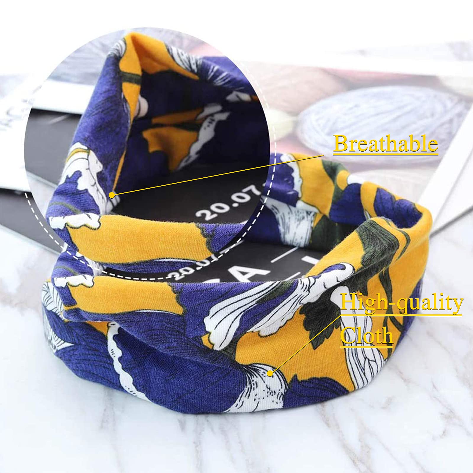4 Pezzi Fasce per Capelli Donna, VEGCOO Fascia per Capelli Boho Stile Ragazze, Elastiche Larghe Accessori per Capelli con Stampa Floreale per Yoga, Corsa (B)