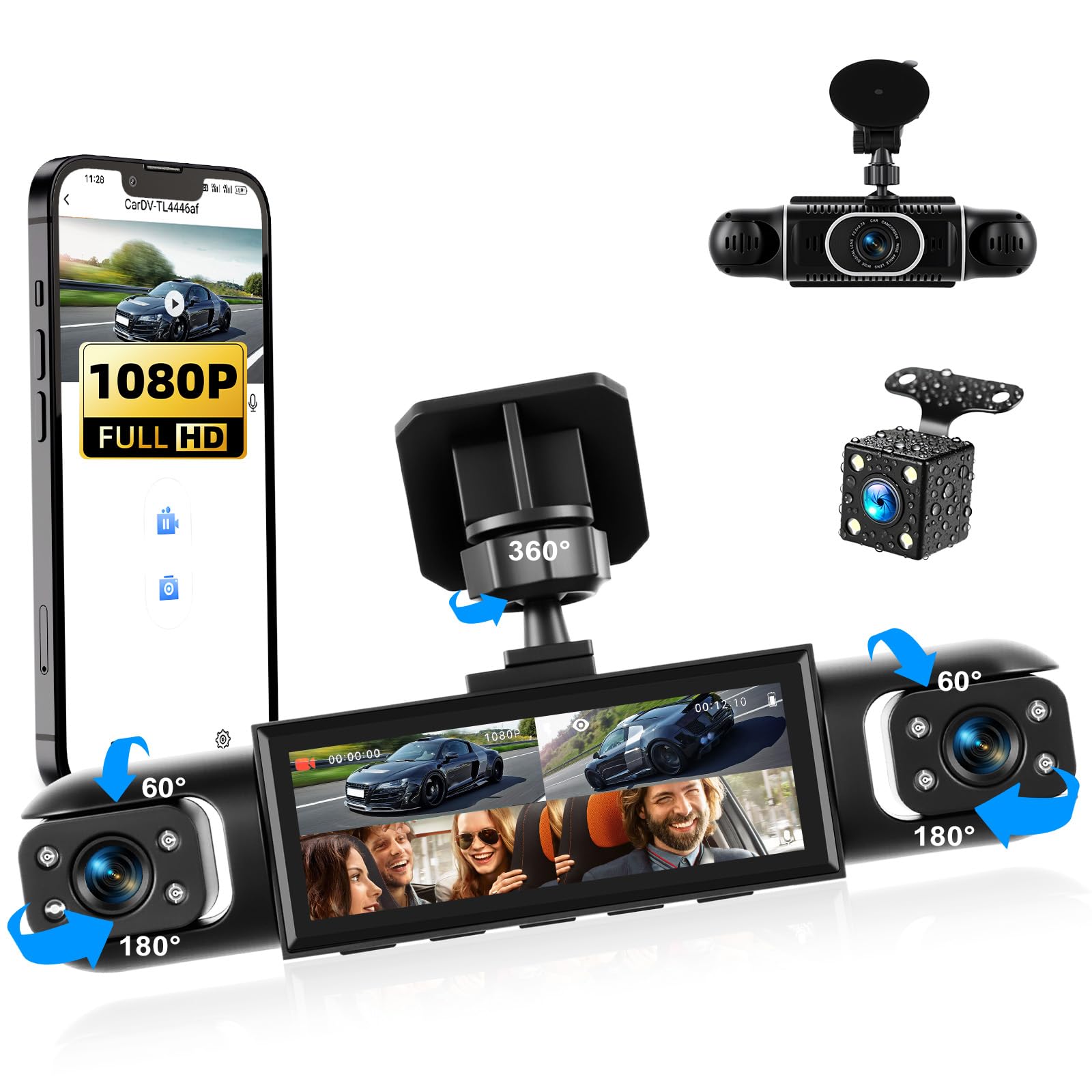 CAMECHO Dashcam 4 Canales 1080P, visión 360° para Coche, 4 cámaras Ajustables, Pantalla 3.16", guías de Aparcamiento, visión Nocturna IR, detección de Movimiento, grabación en Bucle, Montaje Sencillo
