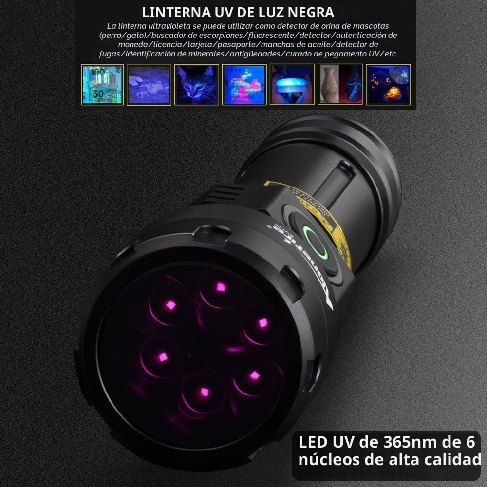 Alonefire SV115 Linterna UV 30W 365nm Profesional Recargable USB C Potente Luz Negra Detector de Orina para Resina, Pesca, Escorpión, Minerales, Pegamento, Ámbar con Gafas Protectoras UV, Batería