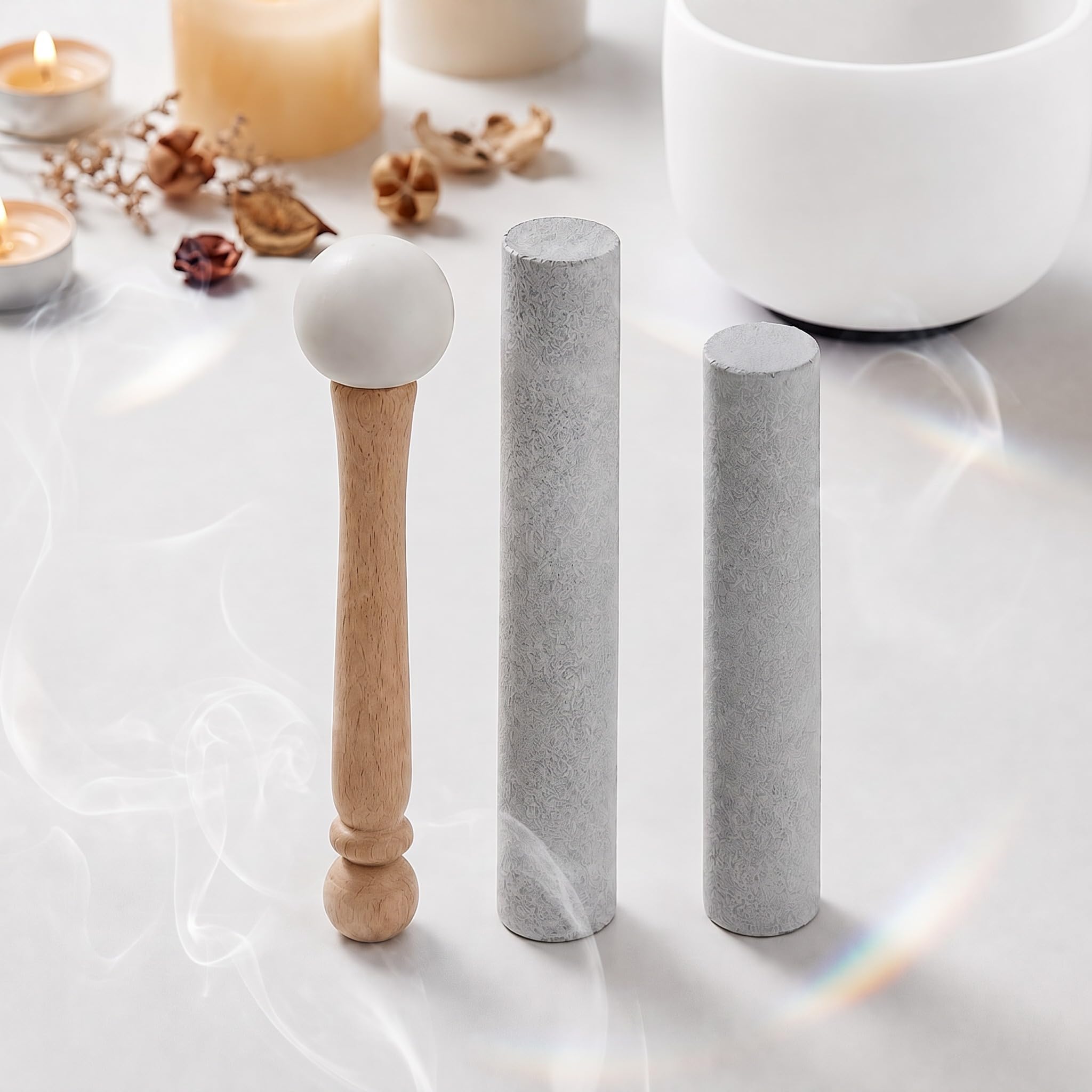 Nuanchu 3 Pieces Crystal Singing Bowl Mallet Set, Silver Wood
