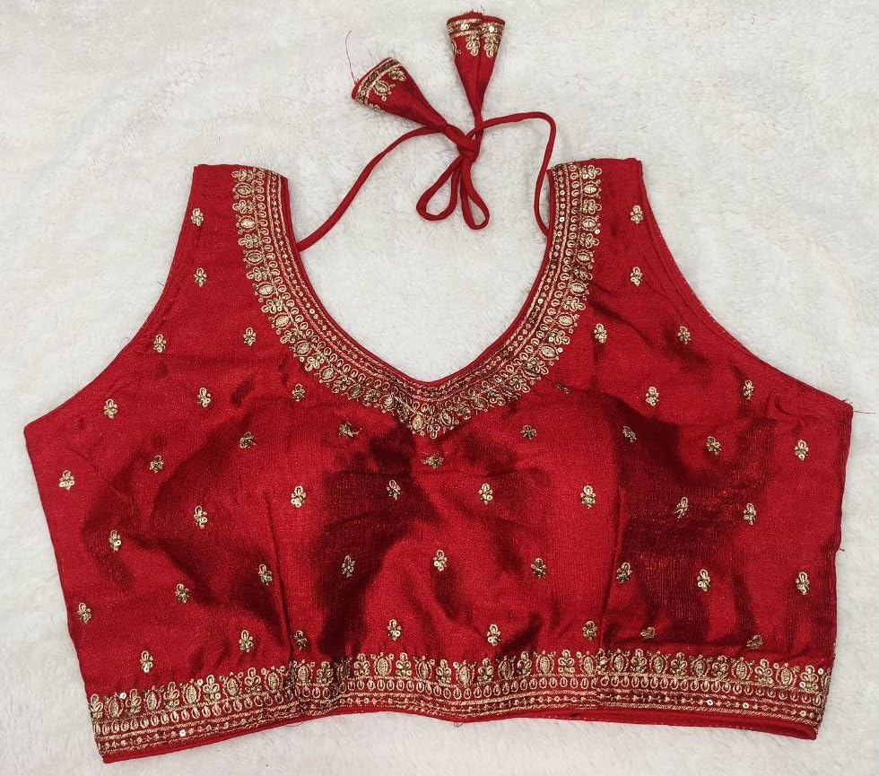 Pujia Mills Women's Indian Ethnic Wear Designer Golden Zari Embroidery With Sequence Work V Neck Sleeveless Readymade Worked Saree Blouse Readymade Red Color Blouse For Lehenga Choli