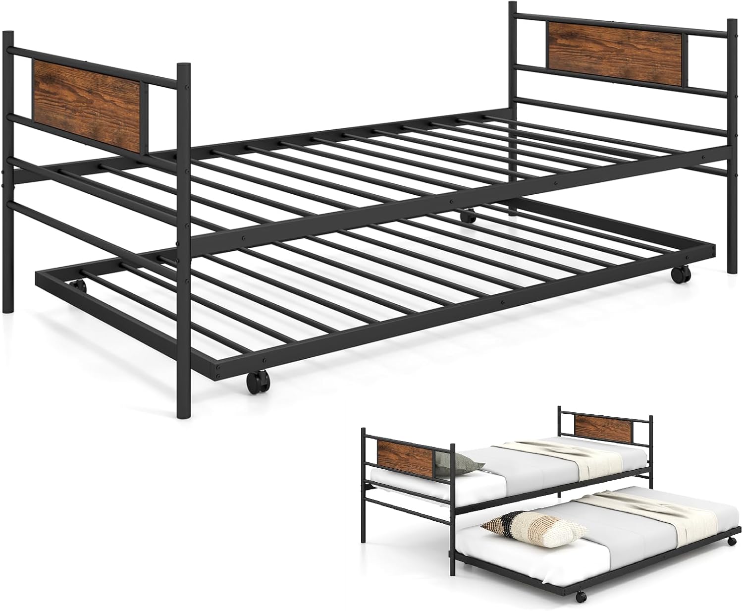 COSTWAY 3FT Metal Day Bed with Trundle, Single Bed Frame with Pullout