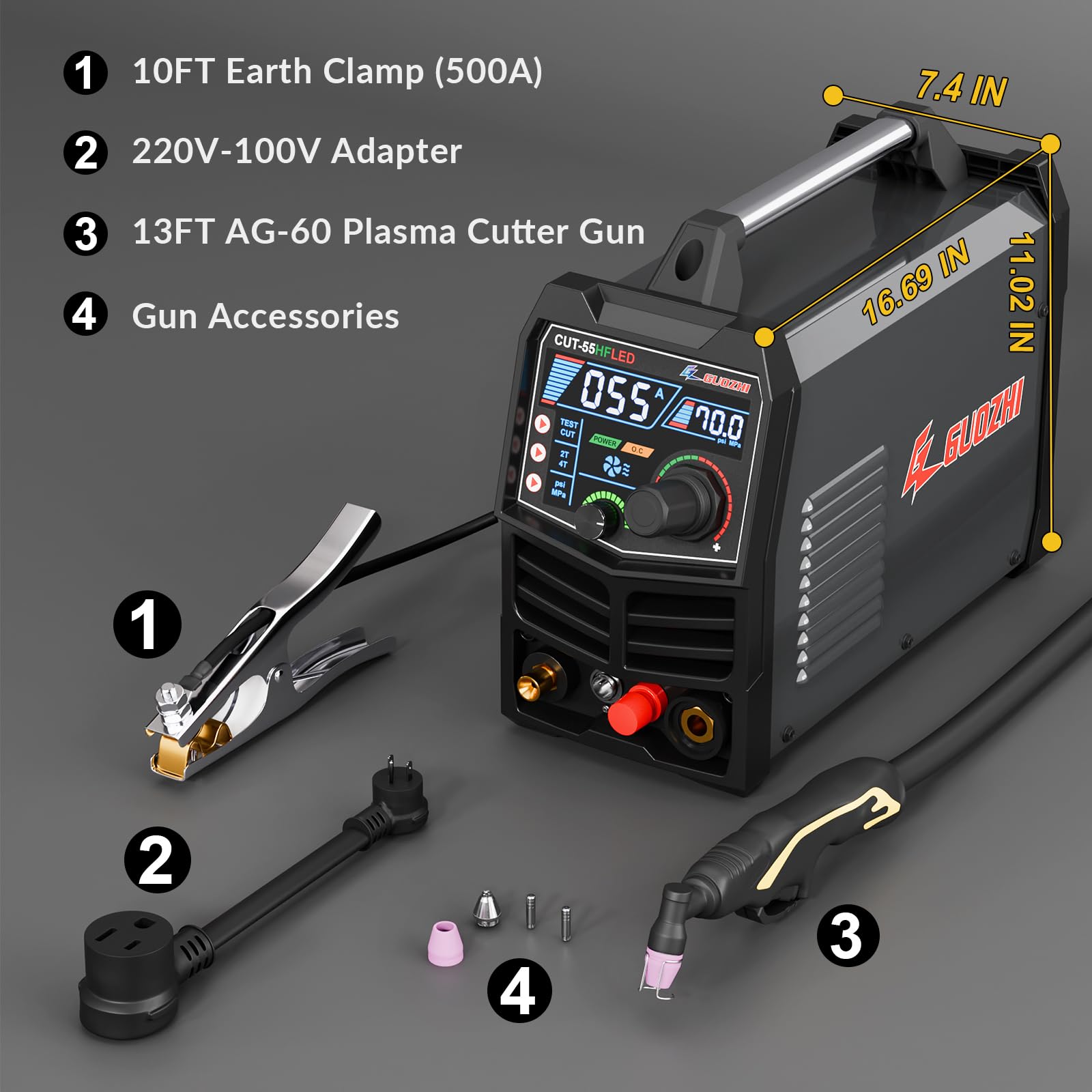 GZ GUOZHI Plasmaschneider 55 A – Non-Touch Pilotlichtbogen, LED-Display, 110/220 V Dualspannung, Bis 2,5 Cm Schnittstärke