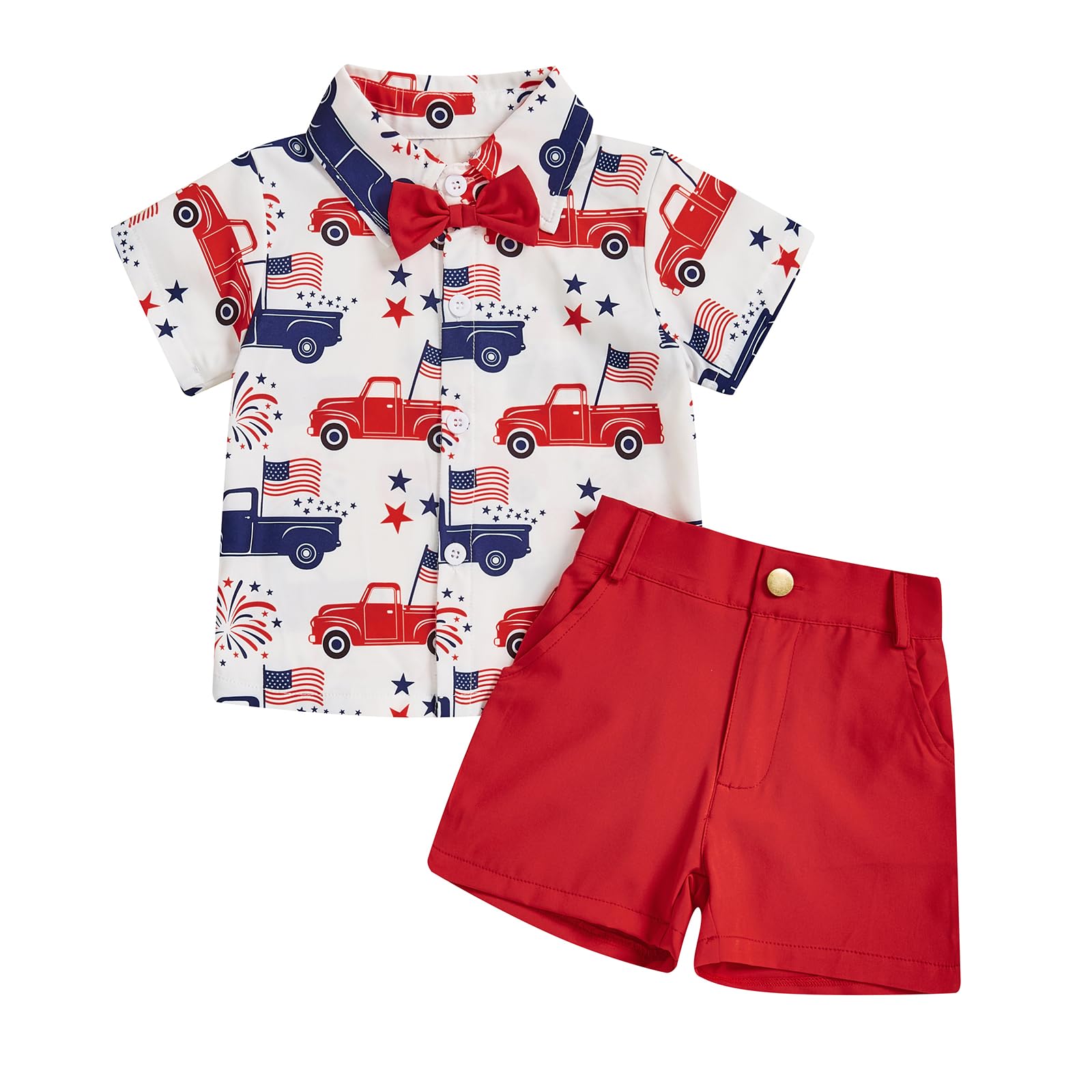 DSOKUHIB Toddler Baby Boy 4th of July Clothes Star Stripe Print Short Sleeve Button Down Shirt Shorts Set Memorial Day Outfit (Red Car, 18-24 Months)