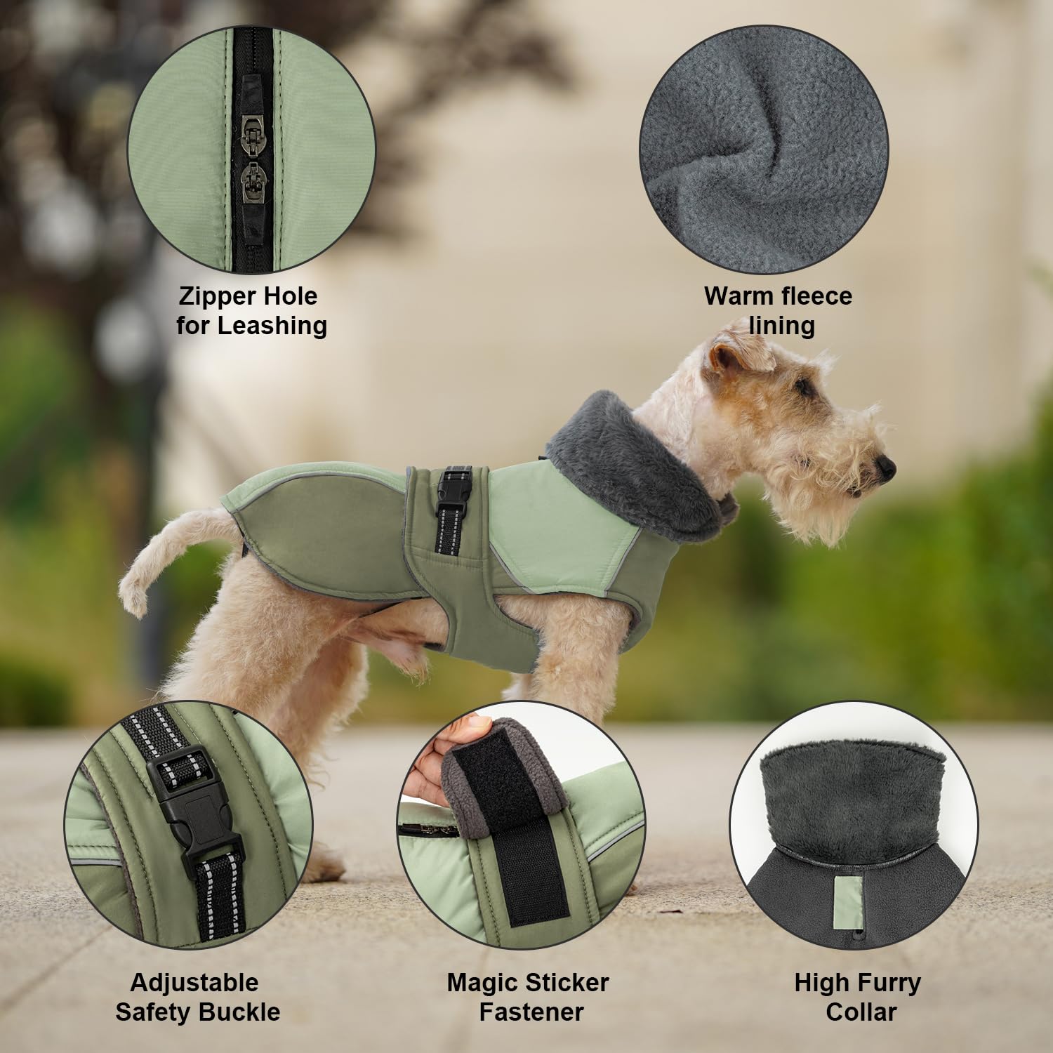 Aimydog Dog Winter Coat - Adjustable Snow Jacket with Zippered Leash Hole, High Collar Cozy Dog Winter Clothes, Green, S-2XL - Image 4