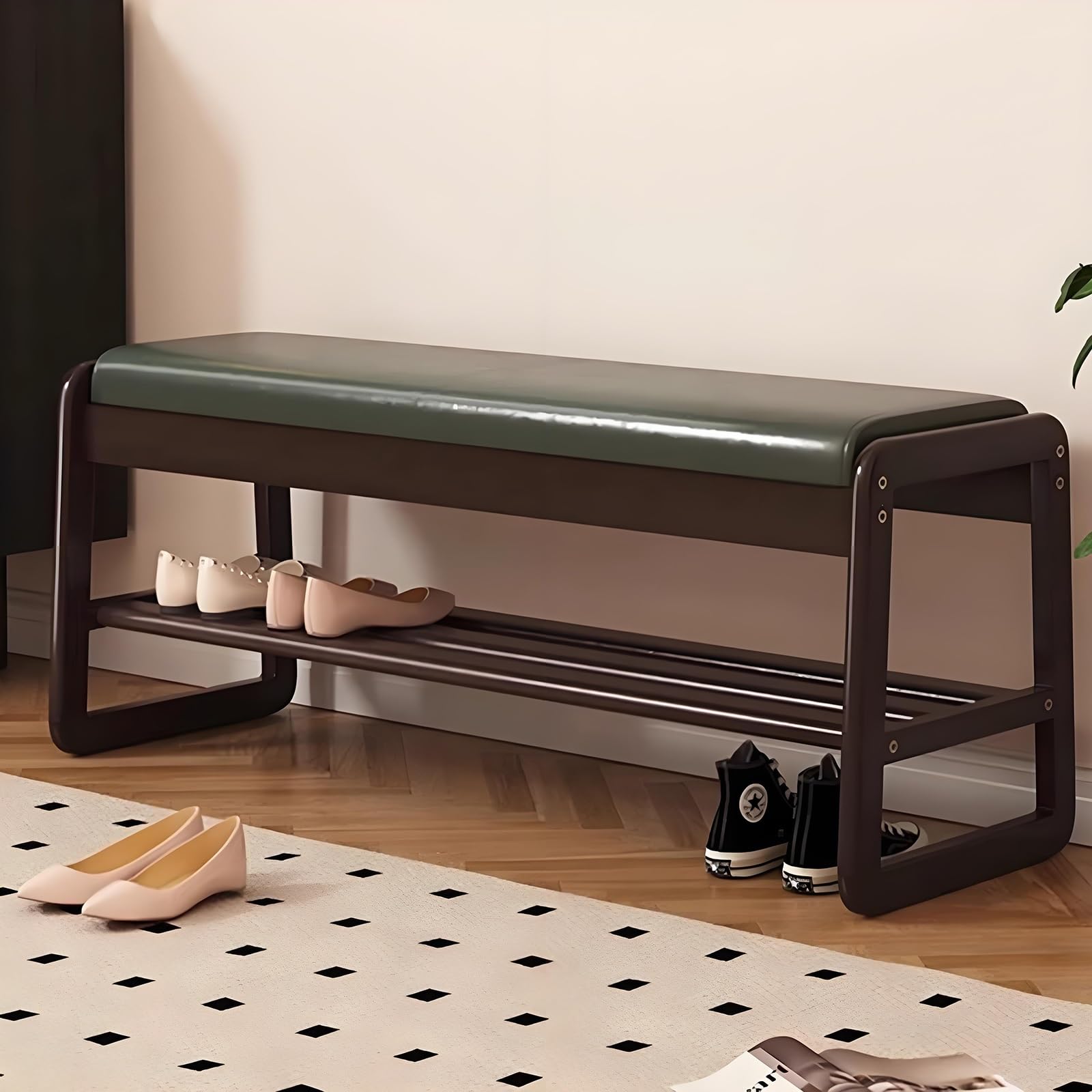 GHFXSCV Wooden Entryway Bench with Shoe Storage, 2-Tier Upholstered Seat, Entryway Shoe nizer, Stylish Shoe Rack, Multi-Functional Storage Bench for Hallway