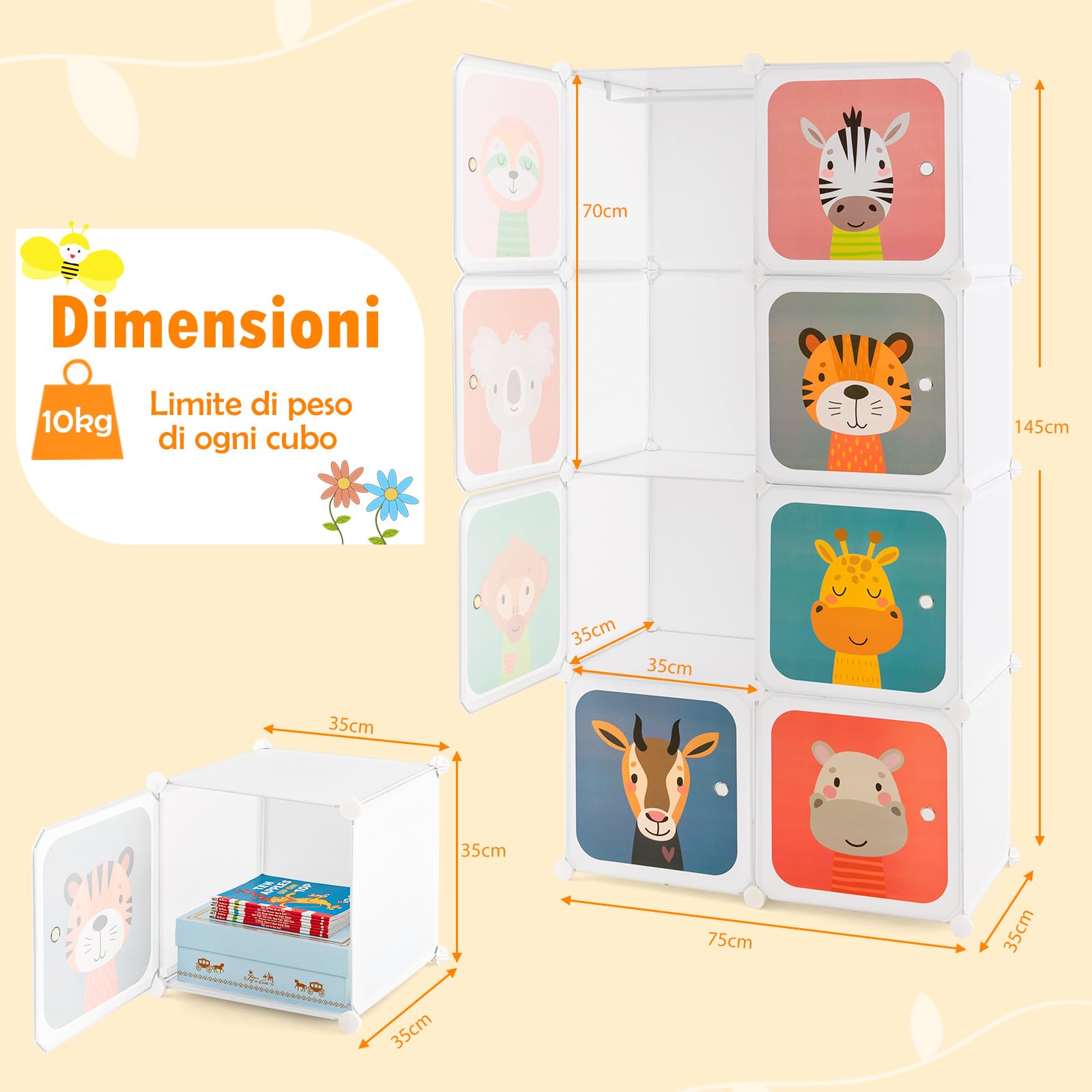 COSTWAY Guardaroba Portatile per Bambini, Armadio Guardaroba Modulare per Bambini con 8 Cubi, per Soggiorno, Camera da Letto, 75 x 35 x 145 cm (Bianco)