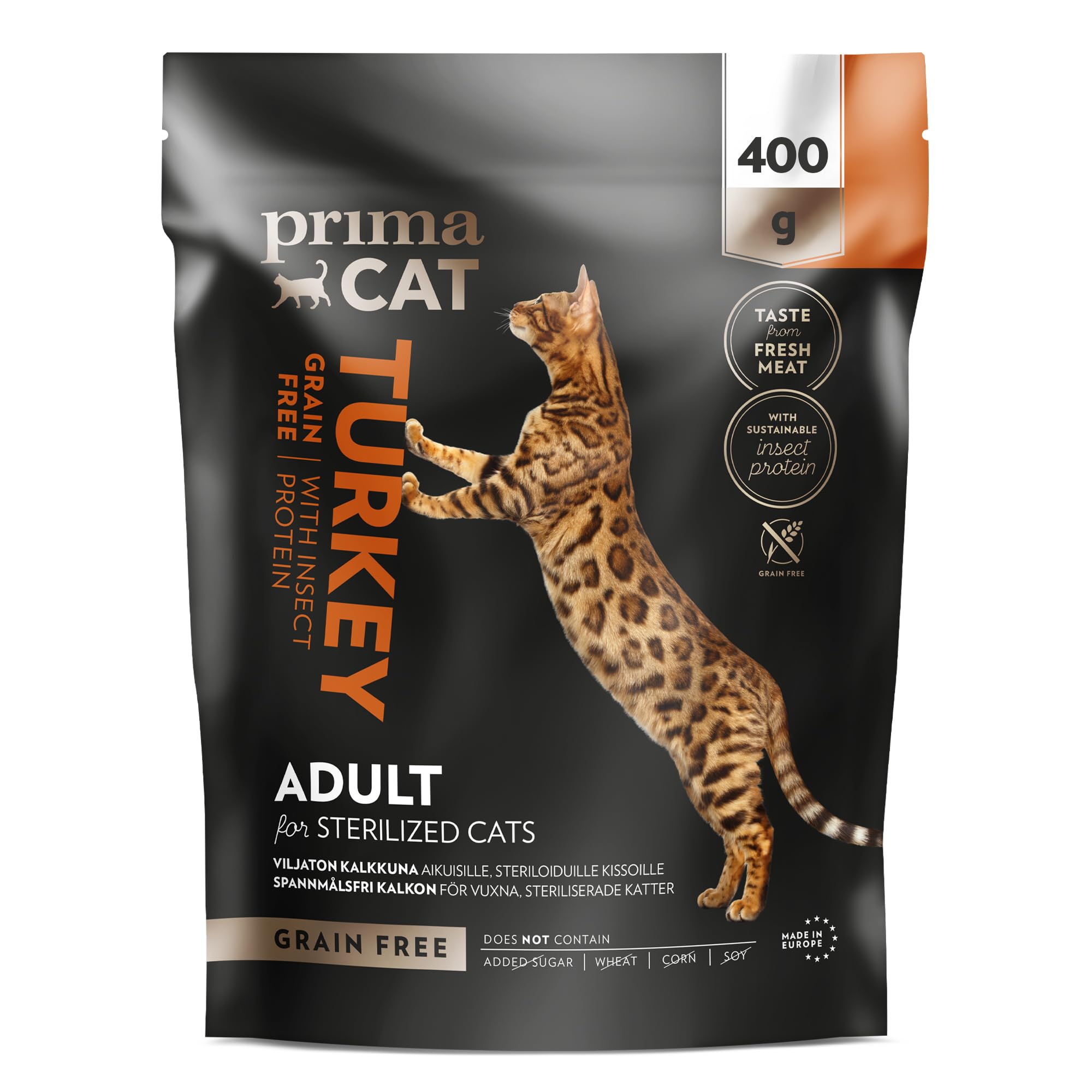 Primacat Carne - Alimento Para Gatos Sin Cereales Con Sabor A Pavo E Insectos, Comida Para Gatos Adultos, Esterilizados/Castrados, 400 G