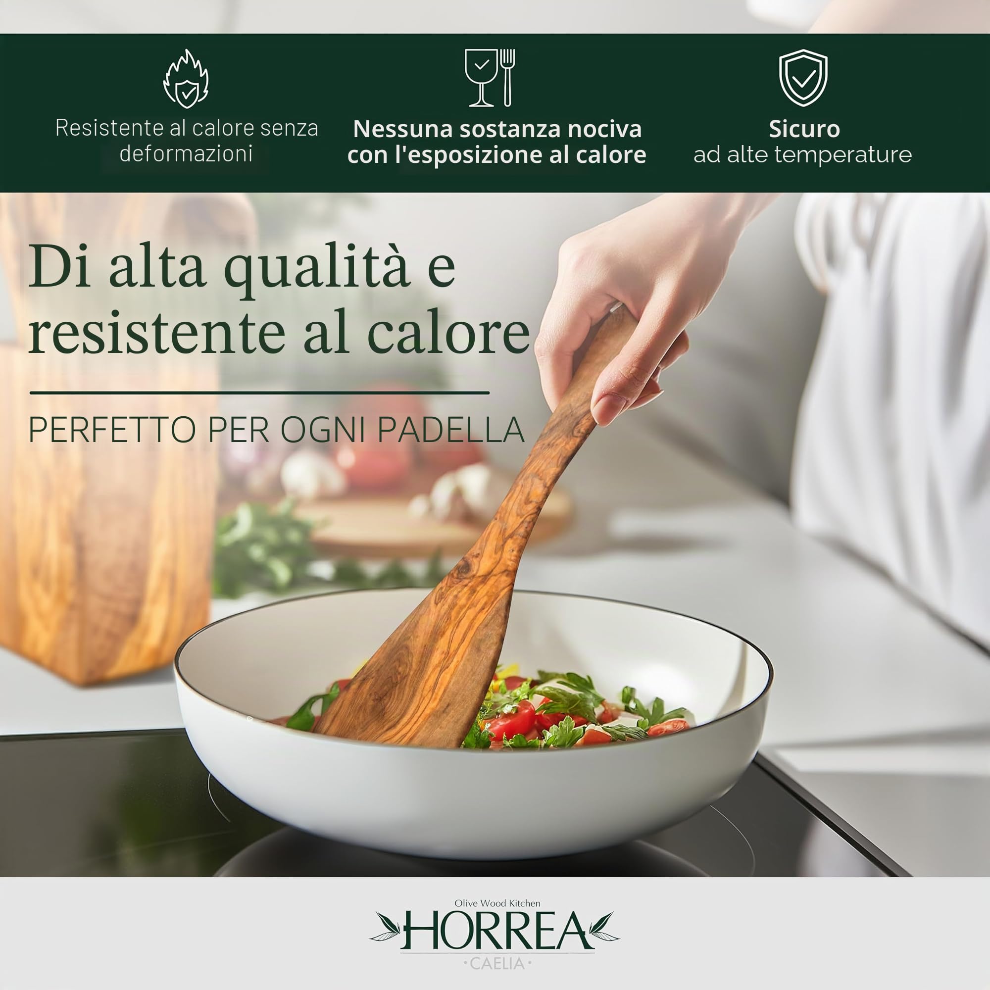 HORREA CAELIA - Set di 7 cucchiai, realizzato a mano in legno d'ulivo, spatola, mestolo, mestolo, cucchiaio, forchetta da insalata, cucchiaio, spatola con contenitore in legno d'ulivo, sostenibile