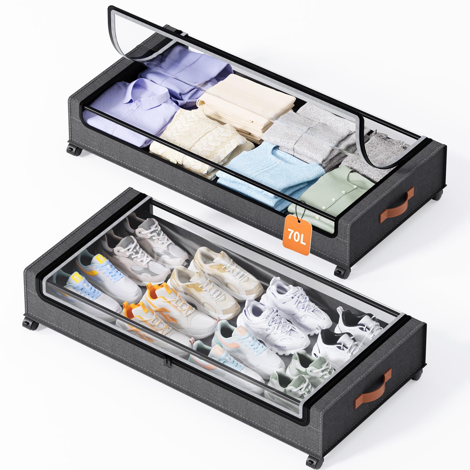 Yecaye 70L Large Under Bed Storage Containers with Wheels, 2Pack, Hemp Grey