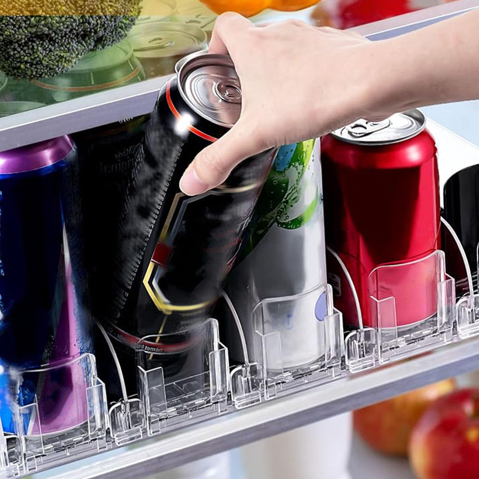 Organizador de Bebidas para Nevera, 5 Unidades, Dispensador Automático de Latas de Refresco con Empuje Automático, Ancho Ajustable, Organización de Nevera, Lata de Cerveza, Botella de Agua,(Blanco)
