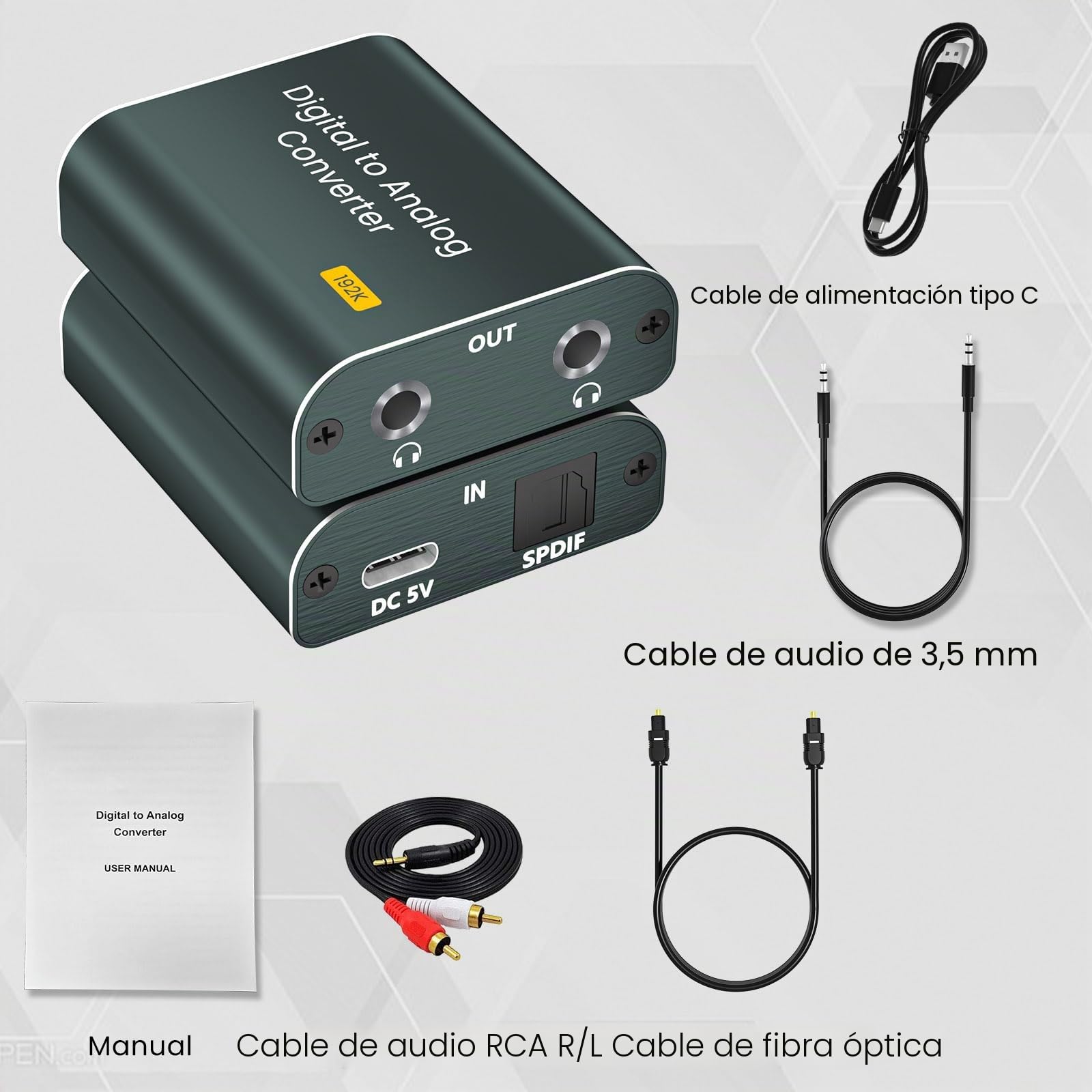 Adaptador Audio Optico a Jack,192 kHz Convertidor Digital a Analógico compatible con salida óptica digital a conector doble de 3,5 mm,Convertidor DAC con Doble Salida Jack 3,5 mm