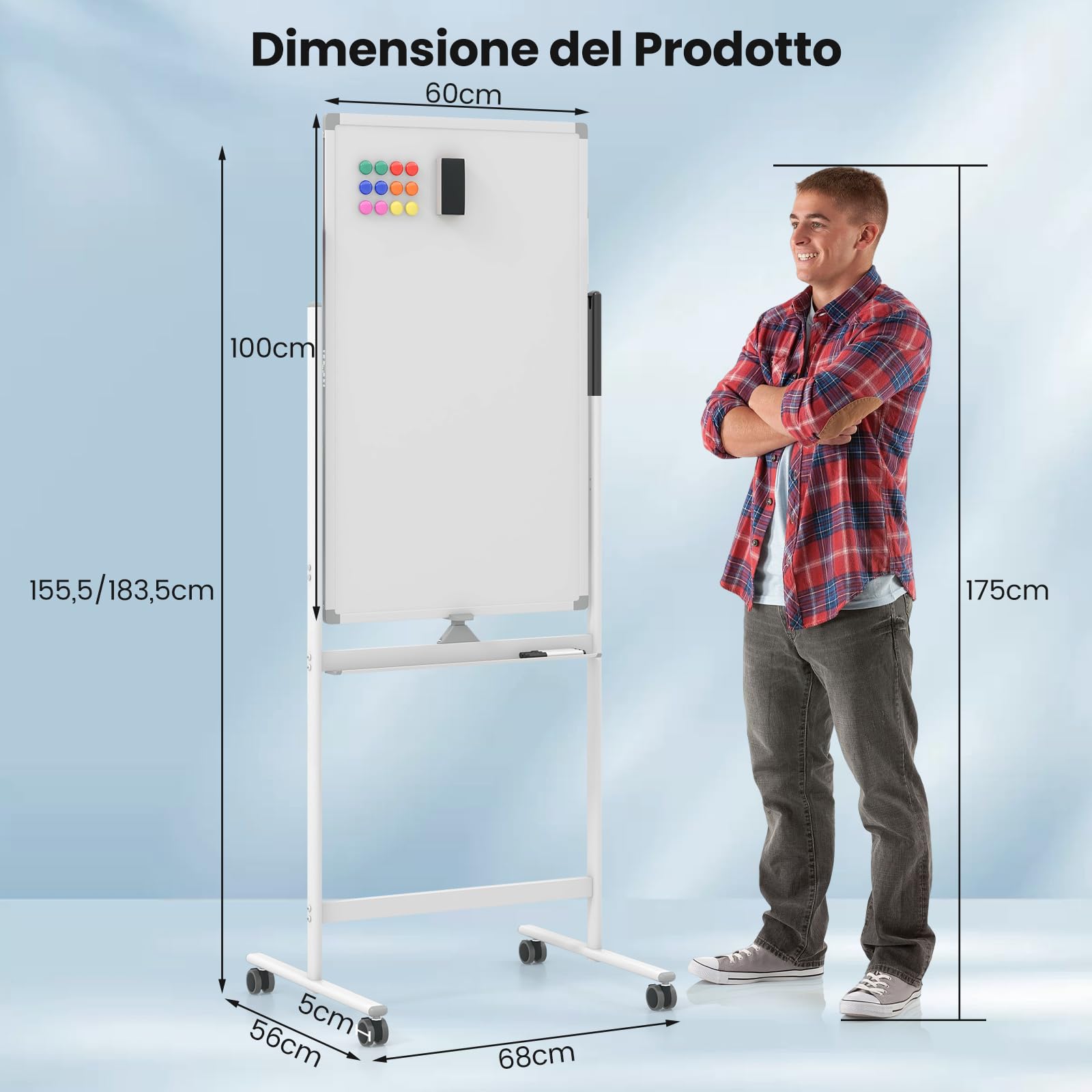 COSTWAY Lavagna Bianca Mobile 60 x 100 cm, Lavagna Magnetica Cancellabile a Secco 360° Reversibile con Cavalletto e Ruote, Completa di Pennarelli e Cancellino (Bianco)