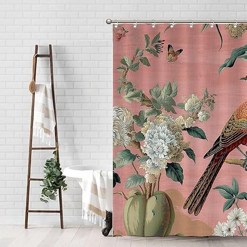 Miniatura 957 de Cortinas de ducha de baño con ganchos, 72 x 92 pulgadas, cortina de ducha de tela impermeable con diseño de flores y pájaros, cortina de ducha