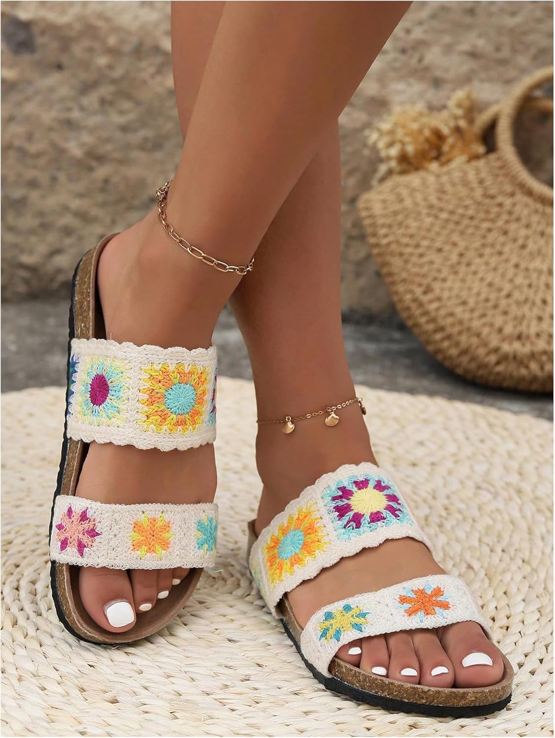 OYOANGLE Women's Floral Crochet Sandals Open Toe Double Strap Flat Sandals Slip On Outdoor Casual Slides - Image 6