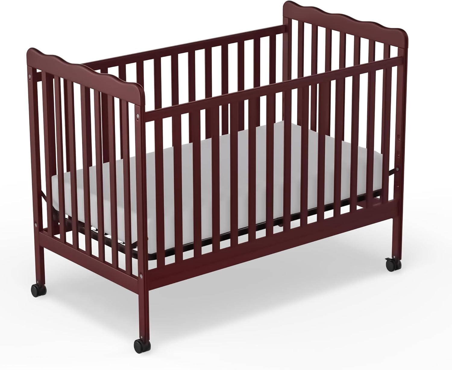 Baby Crib, 3-in-1 Convertible Crib Wood Full Size Toddler Bed with Locking Wheels for Nursery Furniture, Non-Toxic Finish (Cherry)
