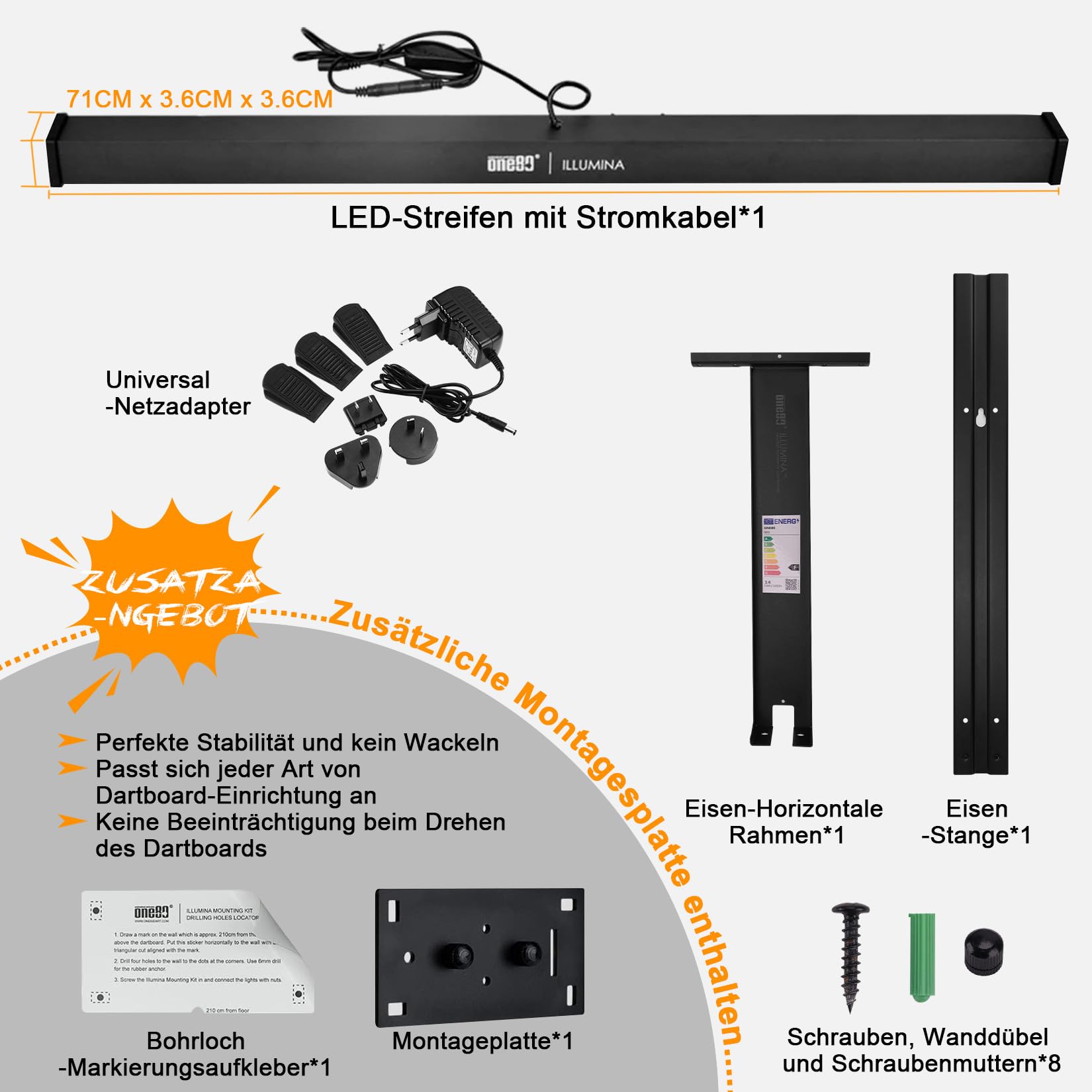 ONE80 Dartscheibe Beleuchtung Dart Illumina LED Beleuchtung für Dartscheibe Kork Dartscheibe Elektronisch Dartboard licht System Dartboard Beleuchtung System mit gebrandetem kleinen