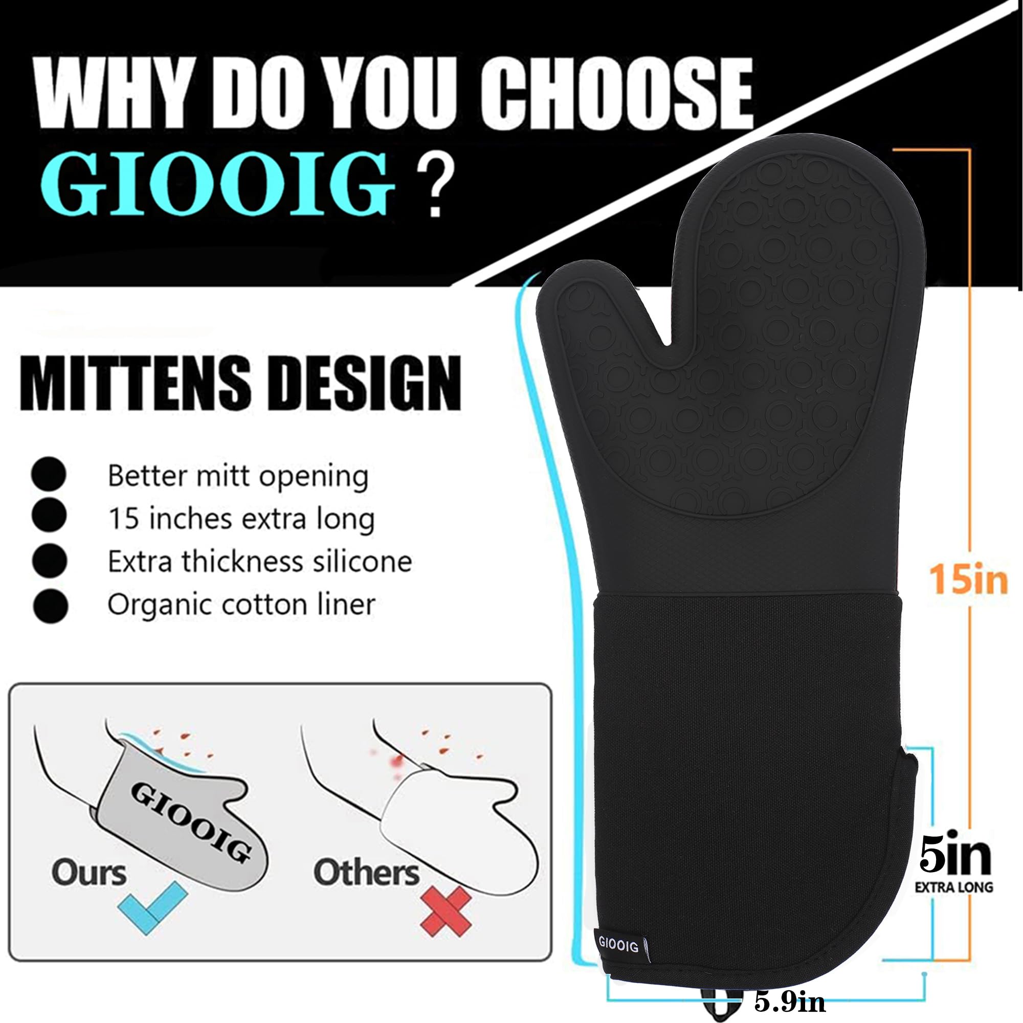 Extra Long Silicone Oven Mitts Heat Resistant and Pot Holders Set, Non-Slip Textured Grip with Quilted Cotton Liner - Perfect for Baking, Cooking, BBQ, Grilling, 1 Pair 15 Inch (Black)