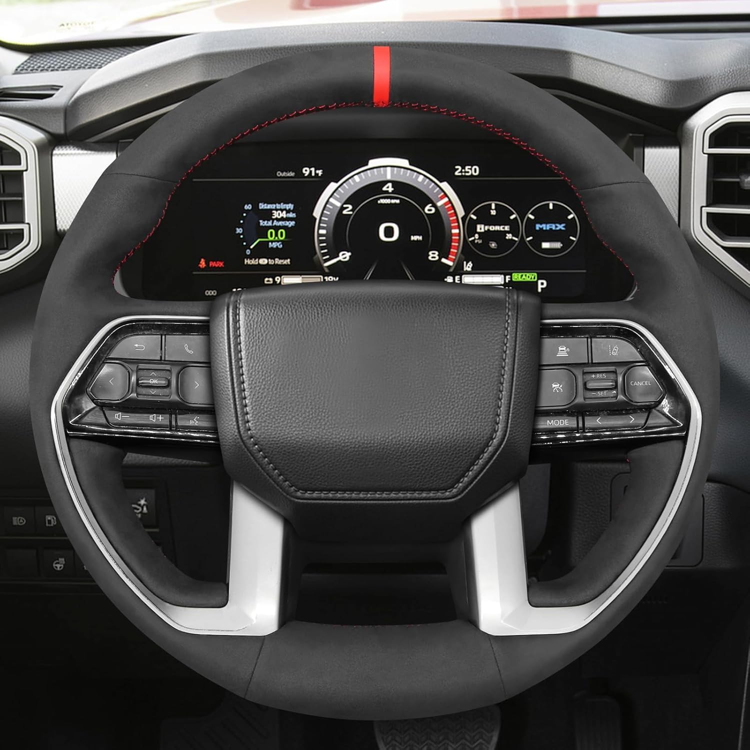 Custom OEM Black Genuine Leather Suede Steering Wheel Cover for Toyota Tacoma 2024 / Tundra 2022 2023 2024 / Sequoia 2023 2024 Car Hand Stitched Interior Accessories