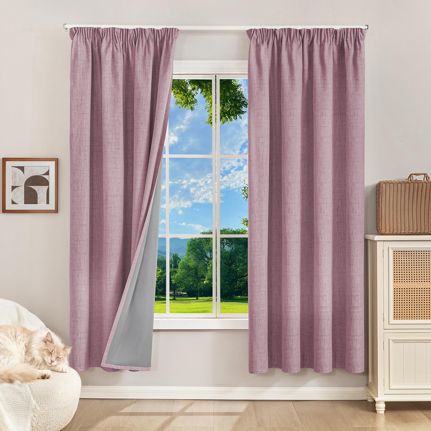 Runyéla 100% Blackout Curtains Pencil Pleat Linen Curtain for Bedroom Living Room Thermal Insulated 52 x 63 Inch Drop 2 Panels Pink