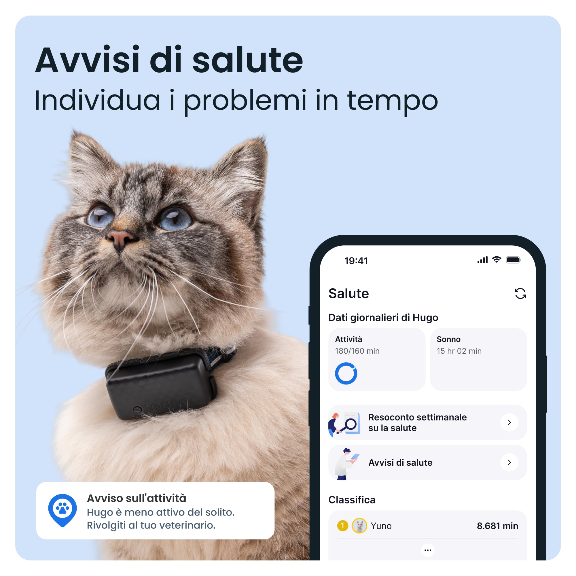 Tractive - GPS gatto modello Mini | N. 1 sul mercato | Localizzazione in tempo reale | Cronologia delle posizioni | Avvisi di salute | Monitoraggio dell'attività | Collare incluso