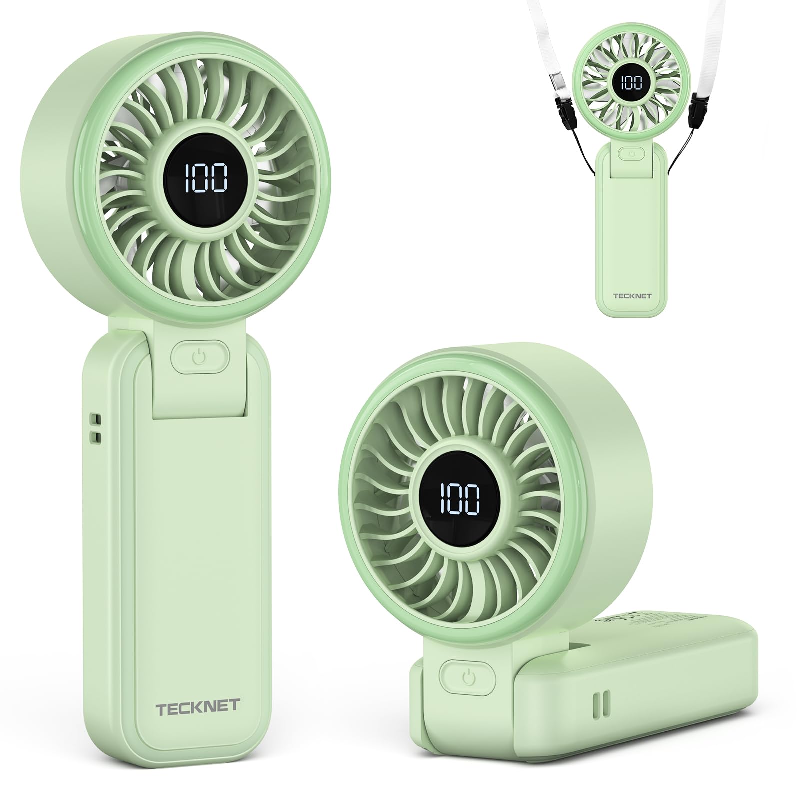 TECKNET Handheld Fan, Portable Fan with 5000mAh, Hand Held USB Rechargeable Fan with LED Display, 150° Foldable, 1-100 Speed Mini Electric Desk Fan for Travel Home Office Bedroom Outdoor, Green