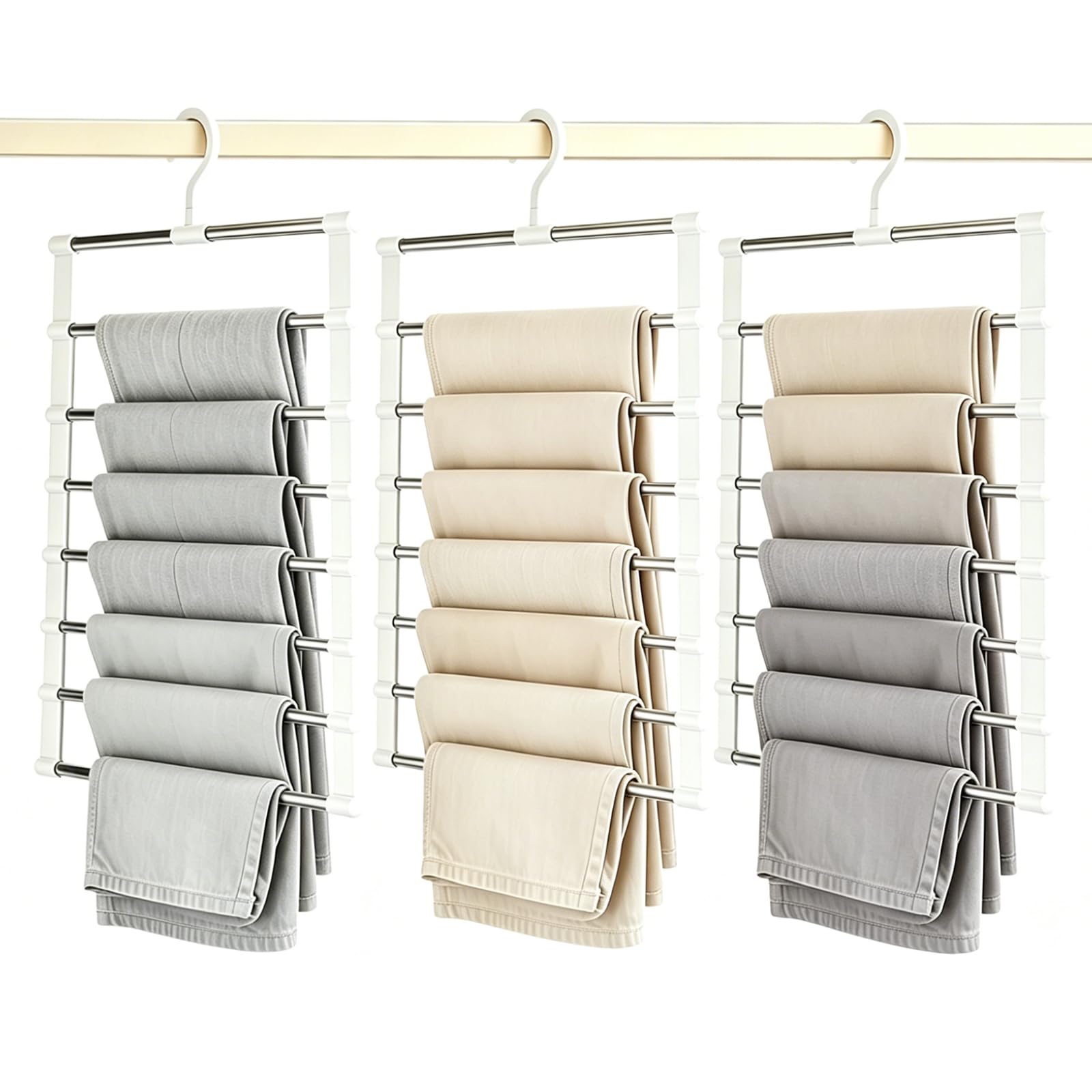 3 Pack 7 Tier Stainless Steel Trouser Hangers, Space Saving Multi Layer Pants Hangers for Jeans Scarves Towels and Clothes, Durable Closet Organizer for Dorm and Home (White)
