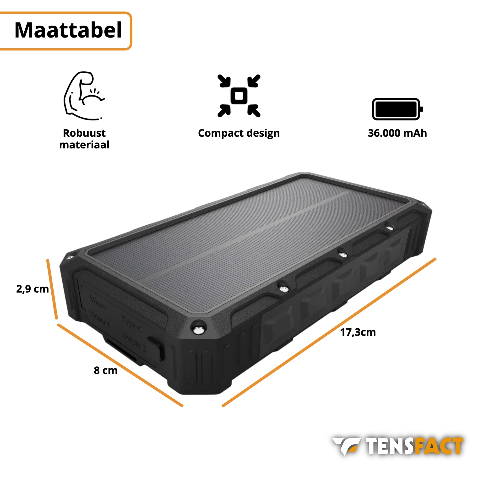 Solar Powerbank 36000 mAh Cargador Inalámbrico - Powerbank Solar - USB & USB-C (Negro)