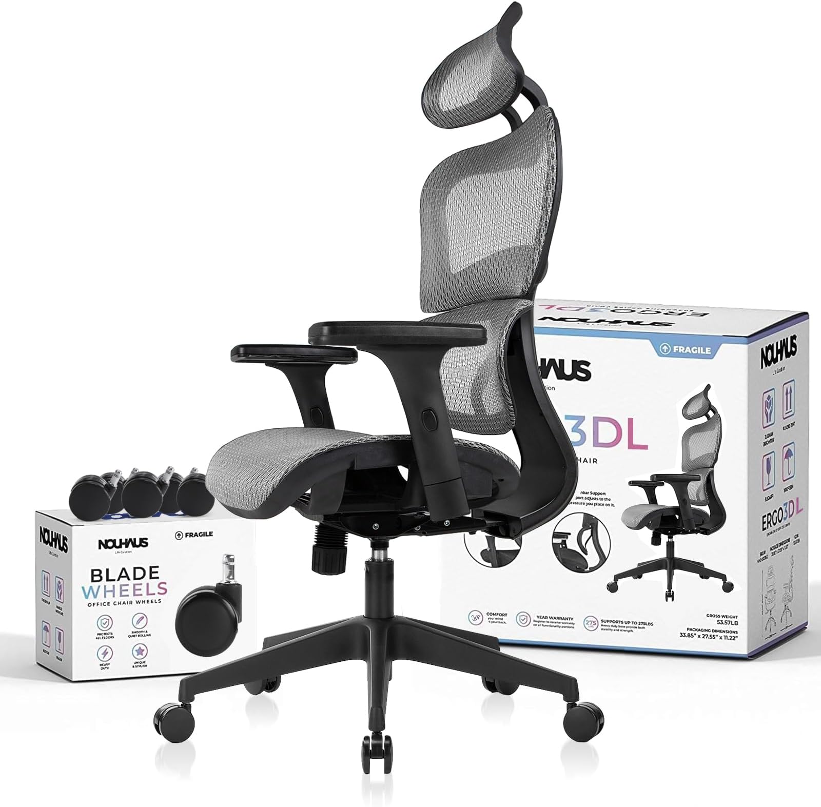 Ergo3dL Home Office Desk Computer Chairs Ergonomic Office Chair High-Back Mesh Rolling Work Chairs with Wheels and Adjustable Headrests Comfortable Lumbar Support Adjustable Armrests,Gray