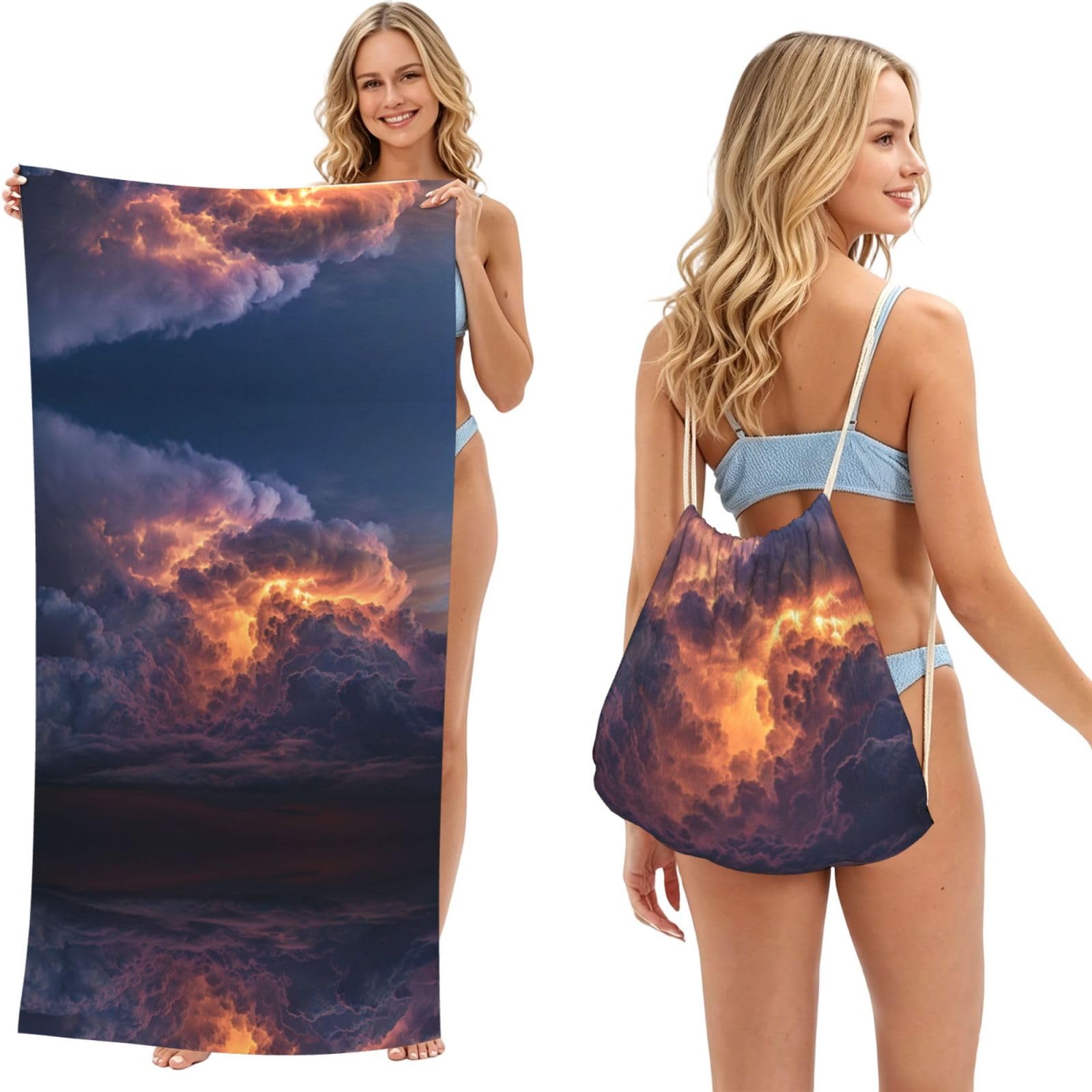 ESNAIUVCD Thunderstorm Print Beach Towel For Adults,Towel With Drawstring Bag, Travel Pool Swimming Sports Shower Sand Free Quick Dry Bath Towel For Pool, Beach, Yoga- 180x60cm