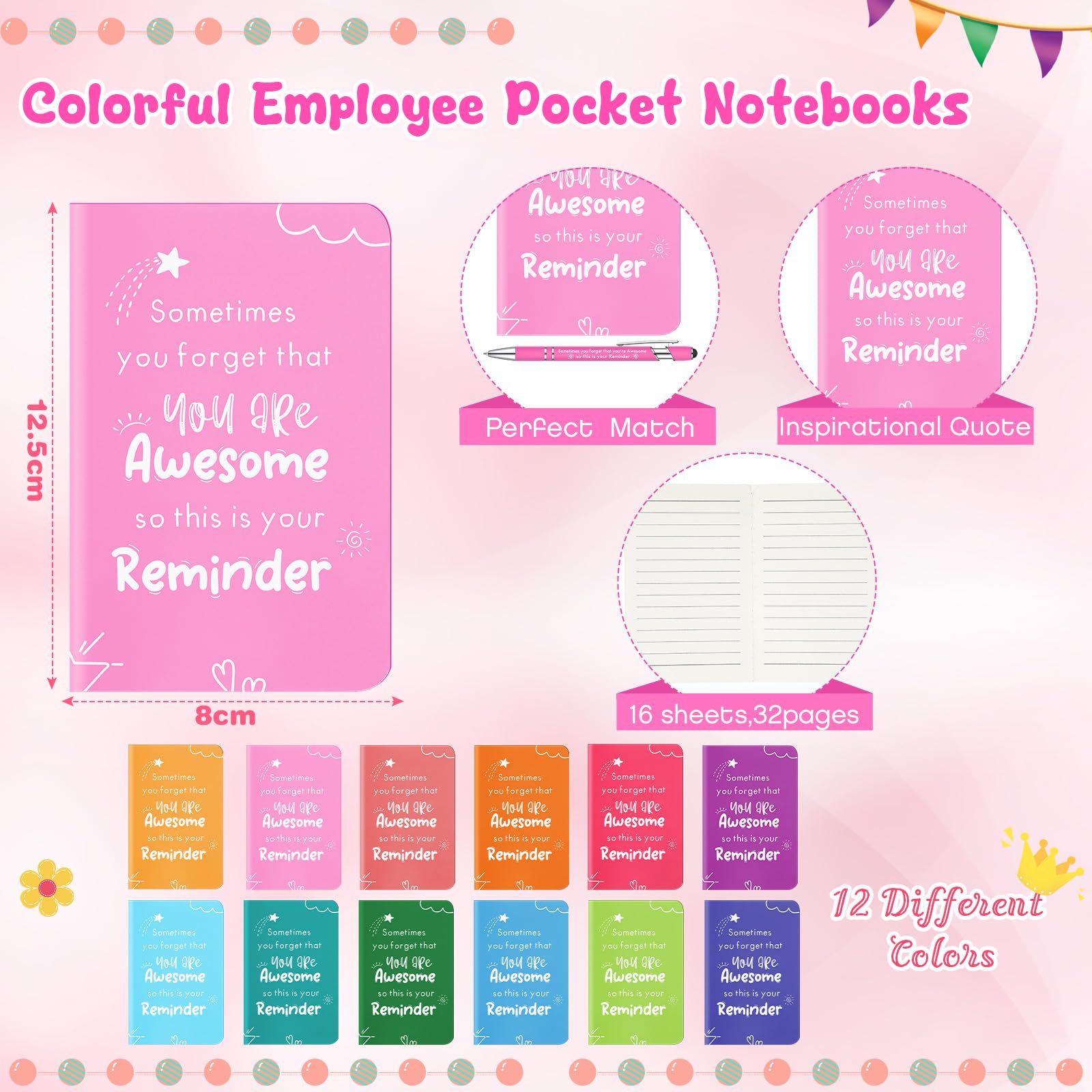 Tenare 12 Sets Employee Appreciation Gifts Bulk Include 12 Inspirational Notebooks Small Pocket Journal Notepads Set 12 Motivational Pens 2 in 1 Stylus Thank You Pens for Coworker Women Men (Fresh) - Image 3