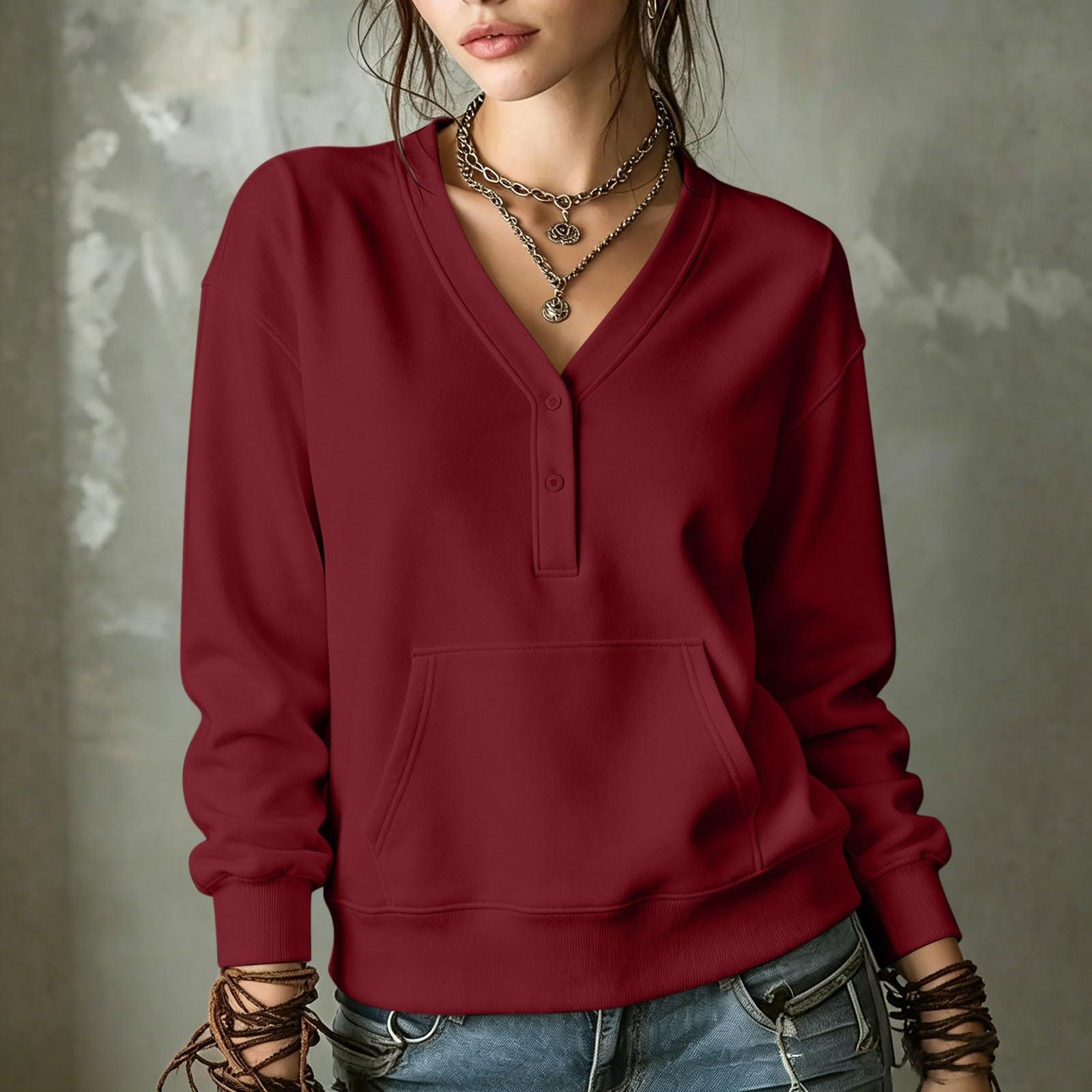 Generico Felpa Leggera Donna Felpa Leggera con Mezza Bottoni Scollo a V Casual Giacca con Tasche Taglie Forti Spessa Giubbotto da Autunno a Maniche Lunghe Moda Felpe per Fitness Jogging Tinta Unita