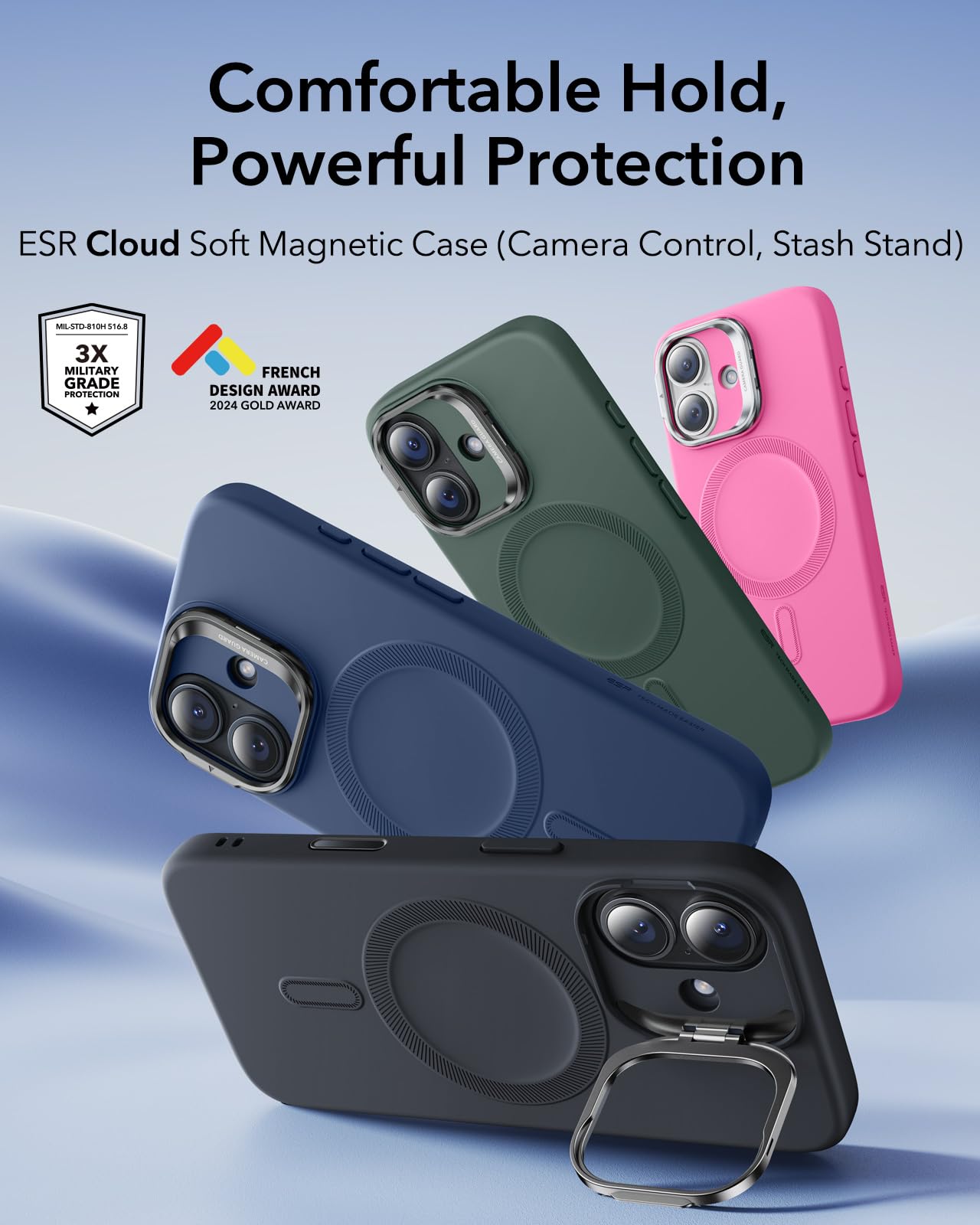 ESR Cover per iPhone 17, Compatibile con MagSafe, Custodia in silicone, Protezione antiurto di livello militare, Supporto Stash, Copertura per il controllo della fotocamera, Nero