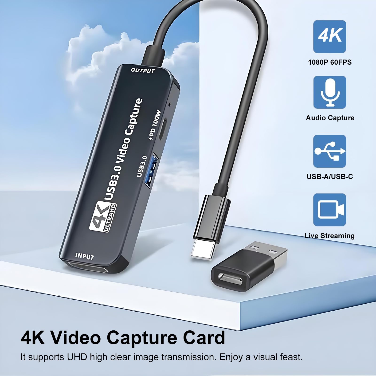 Scheda di acquisizione video, scheda di acquisizione HDMI a USB-C/A con PD100W e porta USB, registrazione di gioco in streaming 4K 1080P per registratore video di gioco,compatibile Switch,PS4/5,X box