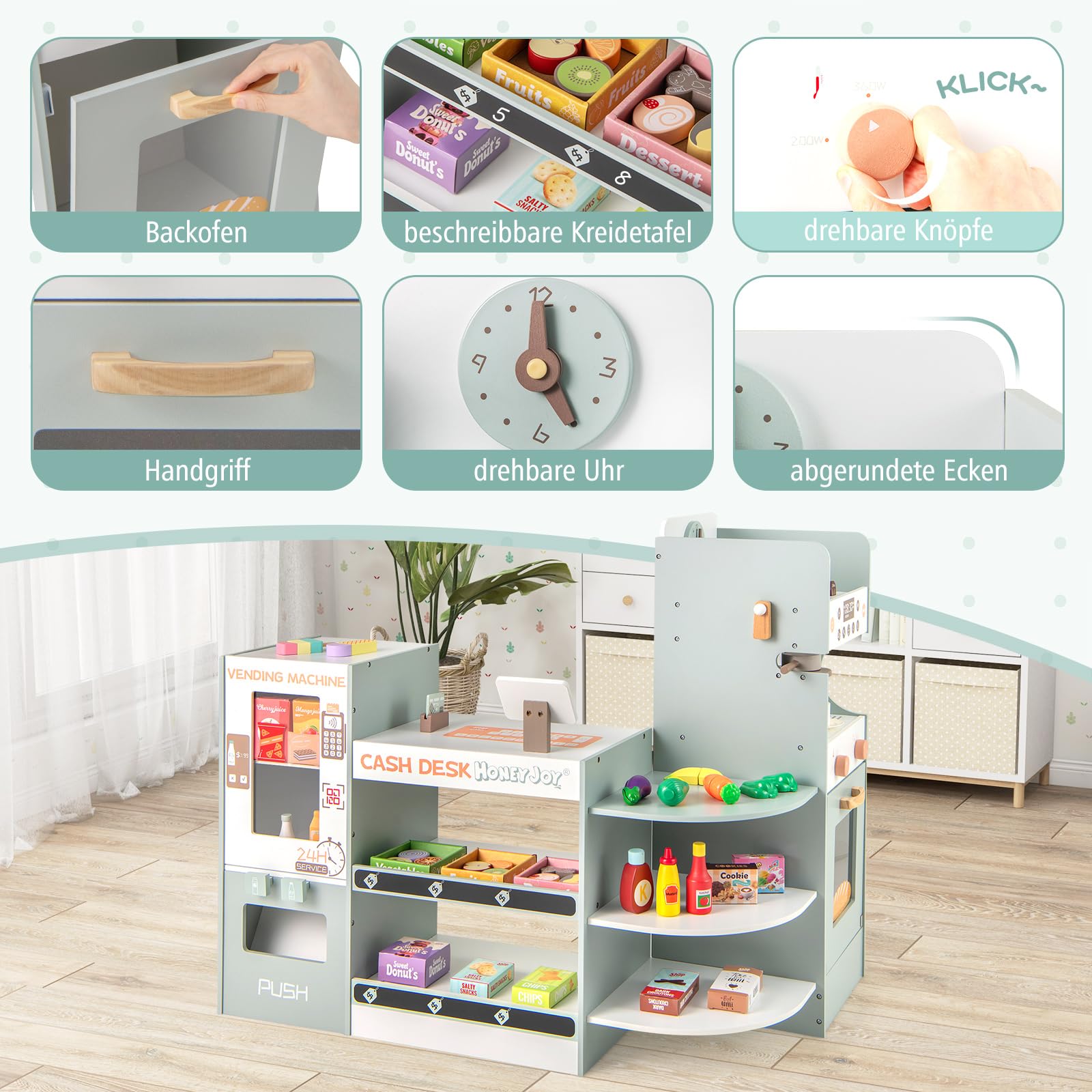 GOPLUS Kinder Kaufladen, Kaufmannsladen Holz mit Kasse, Kaffeemaschine, Ofen, Verkaufsautomat, Regalen inkl. Zubehör, Supermarkt Spielzeug Set, Einkaufsladen Kinder für Jungen & Mädchen ab 3 Jahren