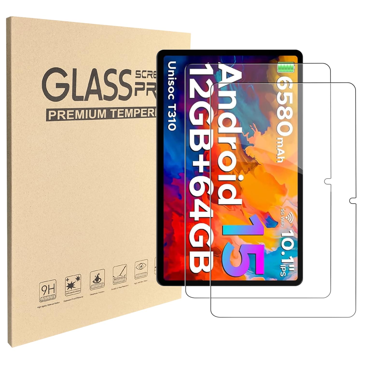 Paquete de 2 protectores de pantalla para tablet Android 16 15 14 de 10 pulgadas. Tamaño: 9.25 x 6.0 pulgadas (235 mm x 154 mm) 25.7 cm, protector de película de vidrio templado para tablet Android