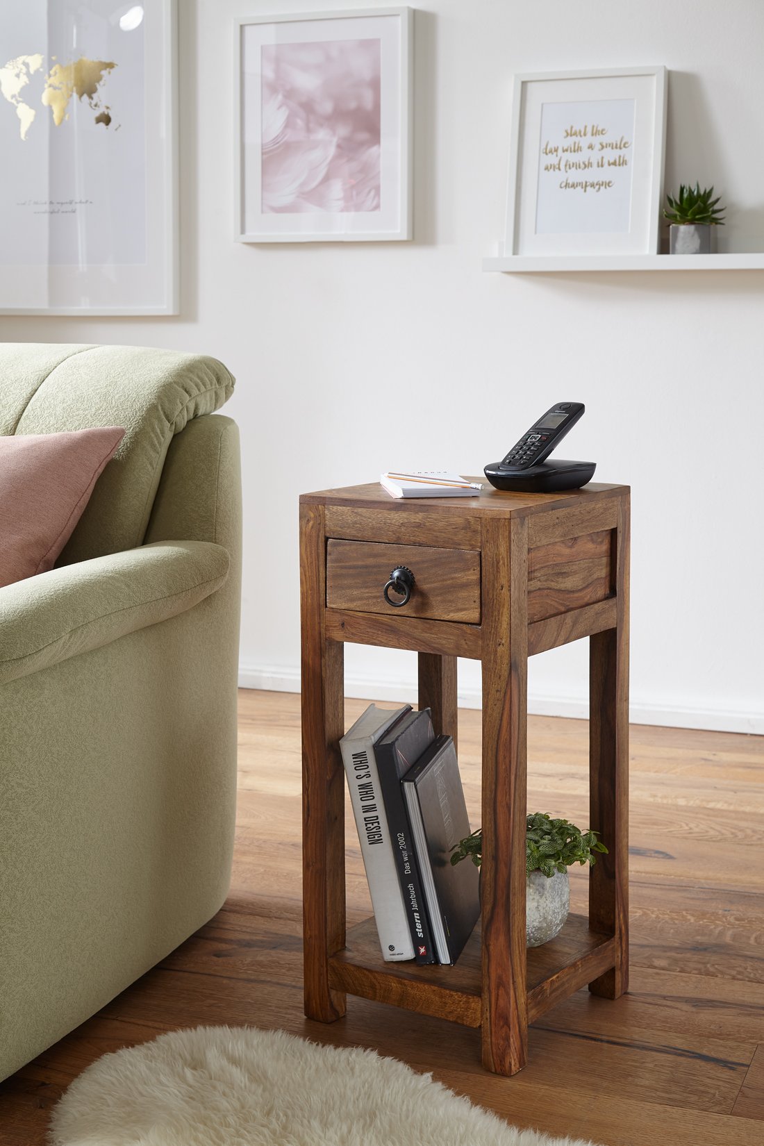 FineBuy Mesa Auxiliar con Cajón 30x30x68 cm Madera Maciza de Sheesham y Metal | Mesa Lateral Cuadrada para Salón | Mesita de Teléfono Pequeña para Sofá | Mesa de teléfono de madera auténtica, estrecha mesa de salón alta, taburete de flores y mesita de noc