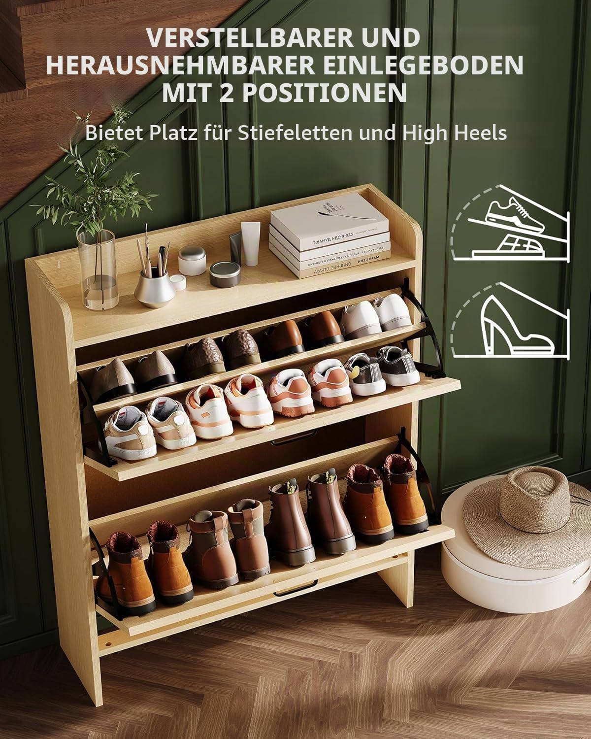Breit 80 X24x100 Hoch cm Schuhschrank Mit 2 Klappen, Verstellbare Zweistufige Regalböden, Schmal Schuhkipper Schuhe Schrank Shoe Cabinet für Flur, Holz Boho