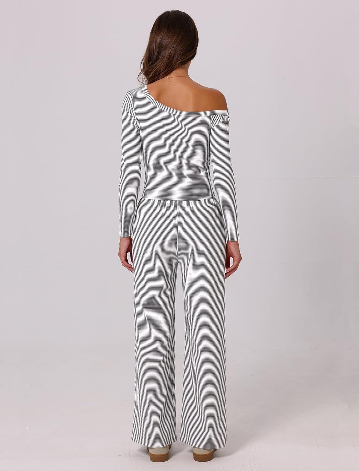 ABOCIW Women's 2 Piece Sets Fall Outfits Striped Off Shoulder Long Sleeve Top Wide Leg Pants Tracksuits Lounge Sets - Image 2