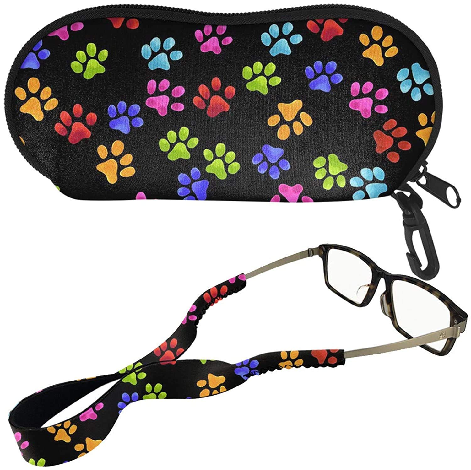 SEANATIVE Cute Cartoon Dog Paws Design Black Eyeglasses Protective Case Pouch and Glasses Lanyard Neck Hanging Strap Set of 2 Packs