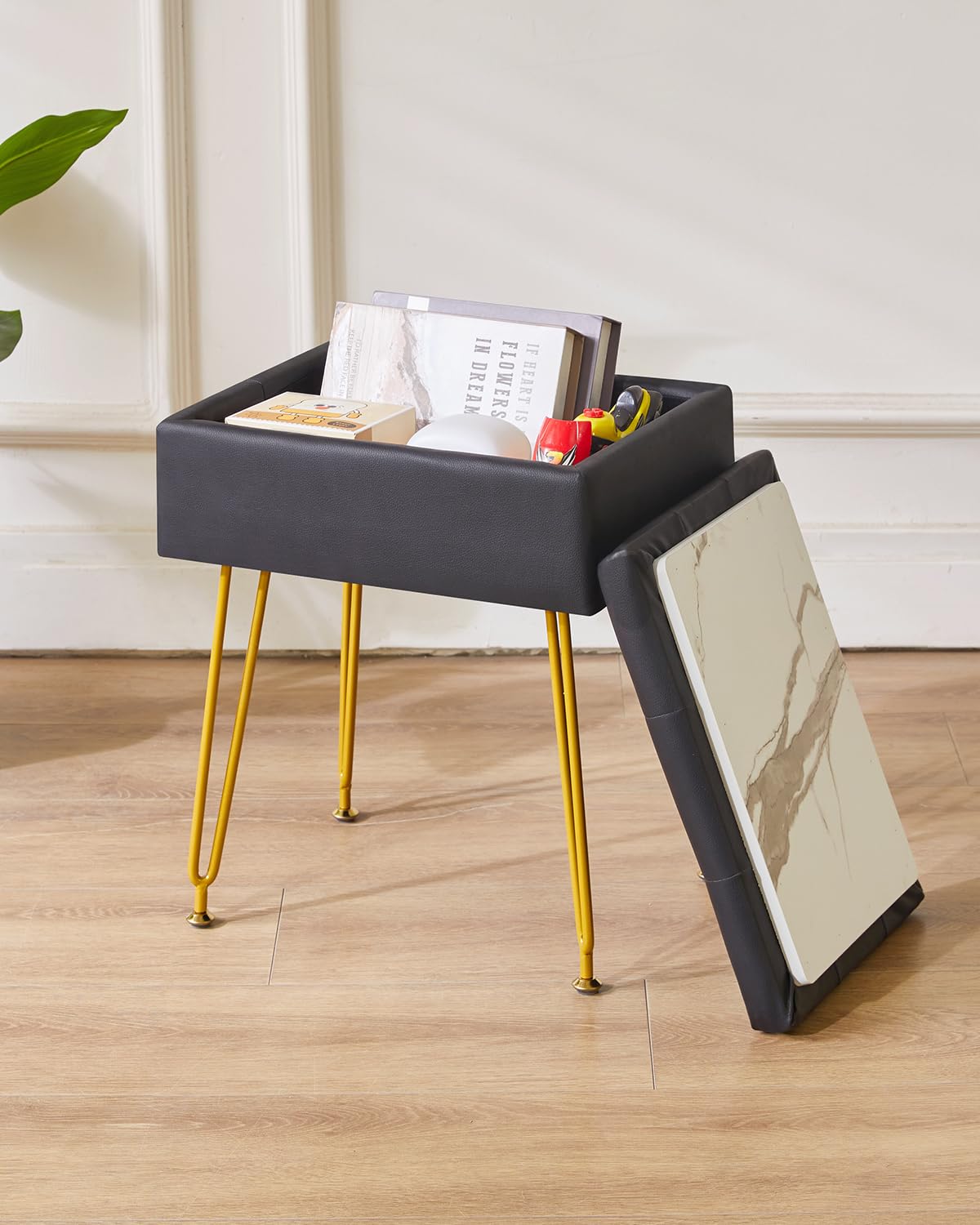 IBUYKE Multifunzionale Stoccaggio Vanity Sgabello con Flip Table, Gambe in Metallo Regolabili & Pelle PU - 40x30x48cm Poggiapiedi ottomano per Trucco, Soggiorno, Ingresso Nero WBD014B