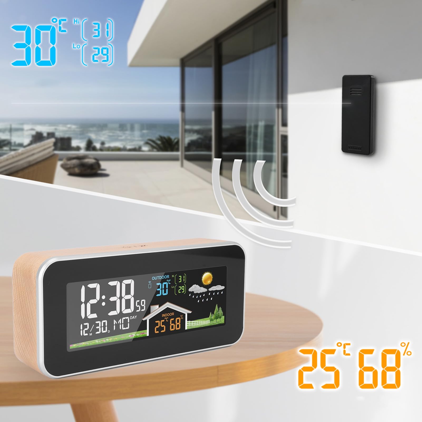 Greensen Horloge Météo en Bois avec Écran LCD Couleur, Réveil Numérique sans Fil, Capteur de Température et d'Humidité, Station Météo pour Intérieur